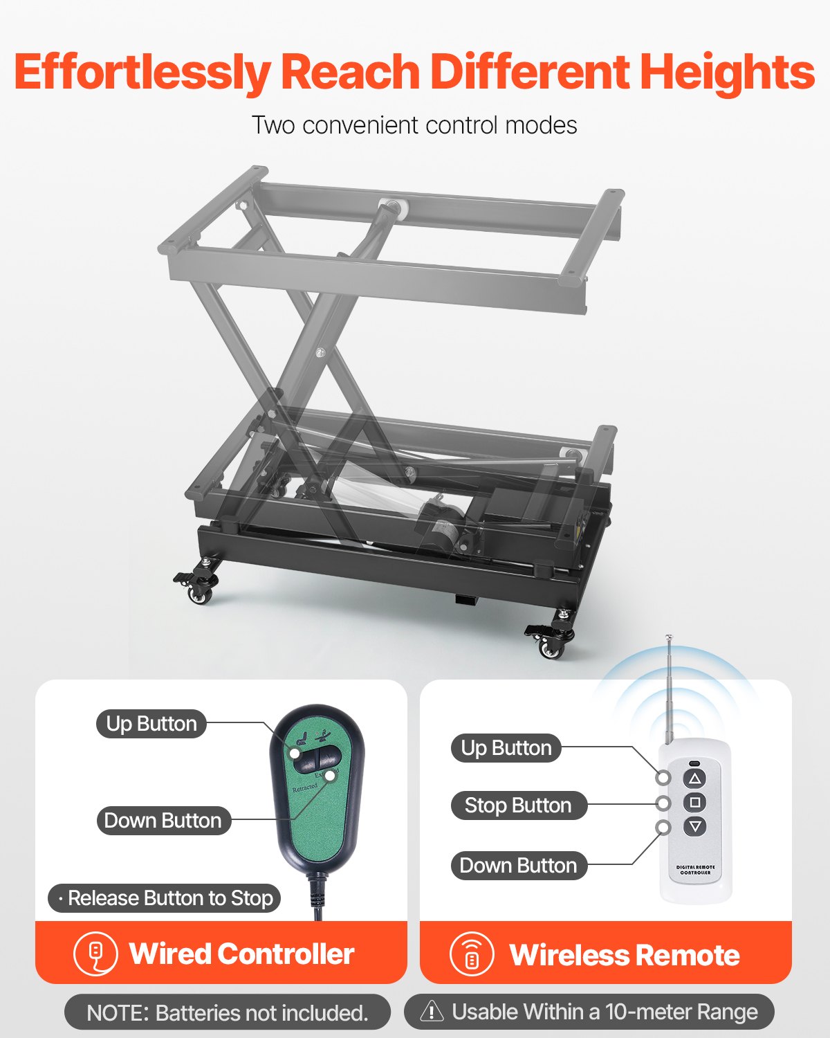 VEVOR Elektrische heftafel 76x44 cm, 150 kg draagvermogen, schaarheftafel, 200 tot 710 mm in hoogte verstelbaar hefplatform, salontafellift met 4 wielen, voor materiaalbehandeling en transport, zwart