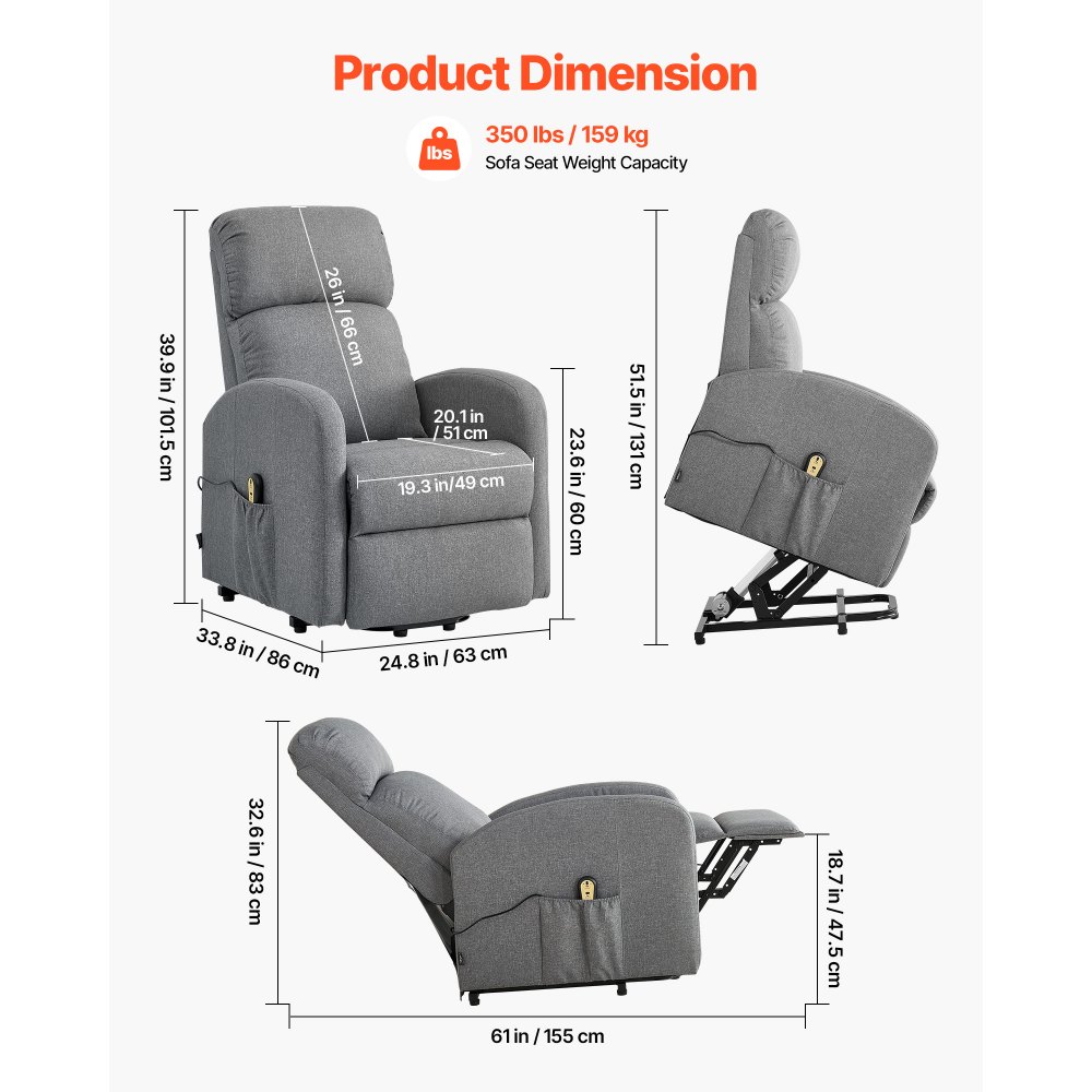 VEVOR elektrische tv-fauteuil met relaxfunctie, traploze verstelling, seniorenfauteuil met linnen bekleding, hoogwaardig schuim, zijvakken, afstandsbediening, massagefunctie, lichtgrijs