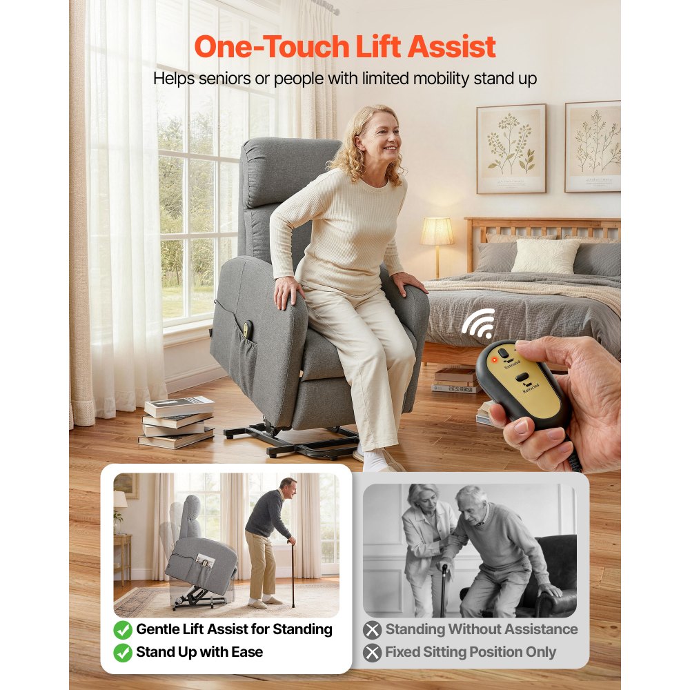 VEVOR elektrische tv-fauteuil met relaxfunctie, traploze verstelling, seniorenfauteuil met linnen bekleding, hoogwaardig schuim, zijvakken, afstandsbediening, massagefunctie, lichtgrijs