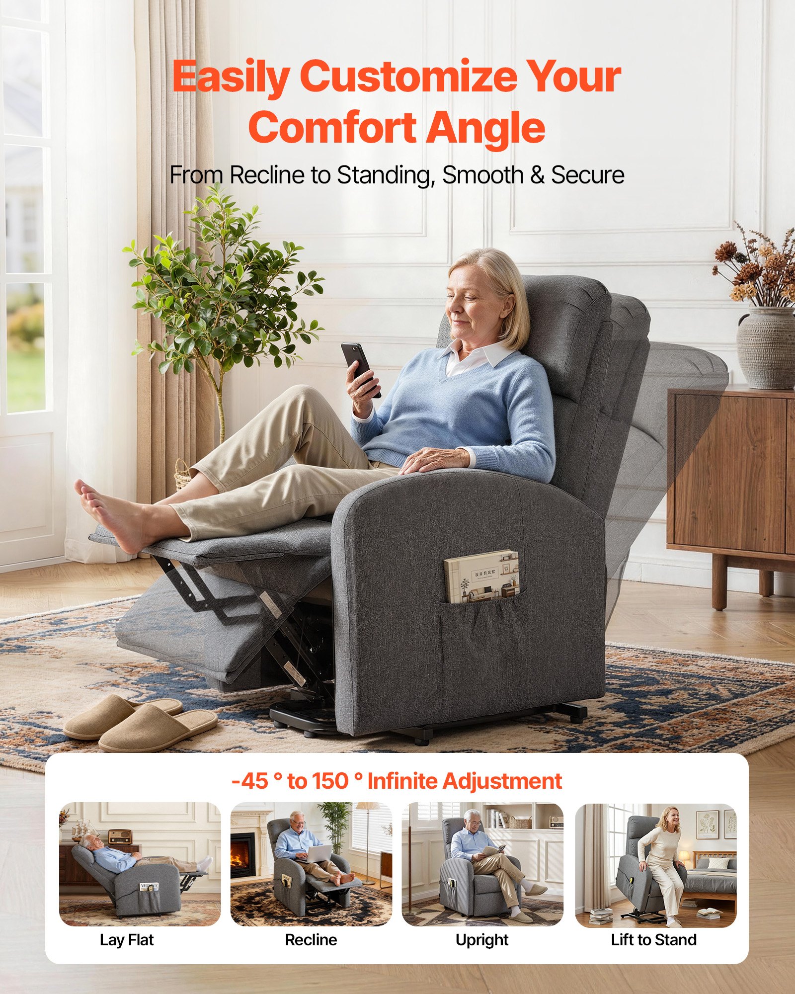 VEVOR elektrische tv-fauteuil met relaxfunctie, traploze verstelling, seniorenfauteuil met linnen bekleding, hoogwaardig schuim, zijvakken, afstandsbediening, massagefunctie, lichtgrijs