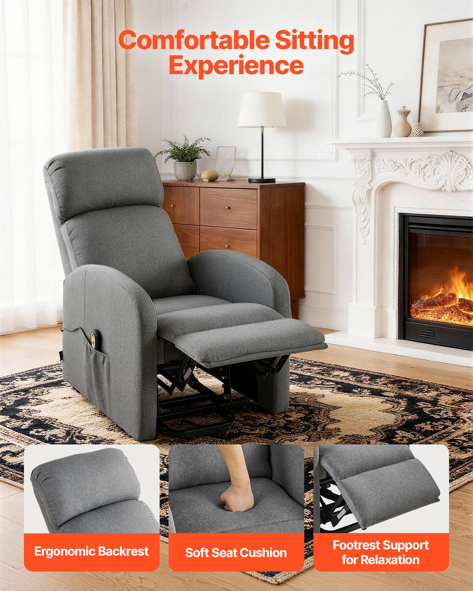 VEVOR elektrische tv-fauteuil met relaxfunctie, traploze verstelling, seniorenfauteuil met linnen bekleding, hoogwaardig schuim, zijvakken, afstandsbediening, massagefunctie, lichtgrijs