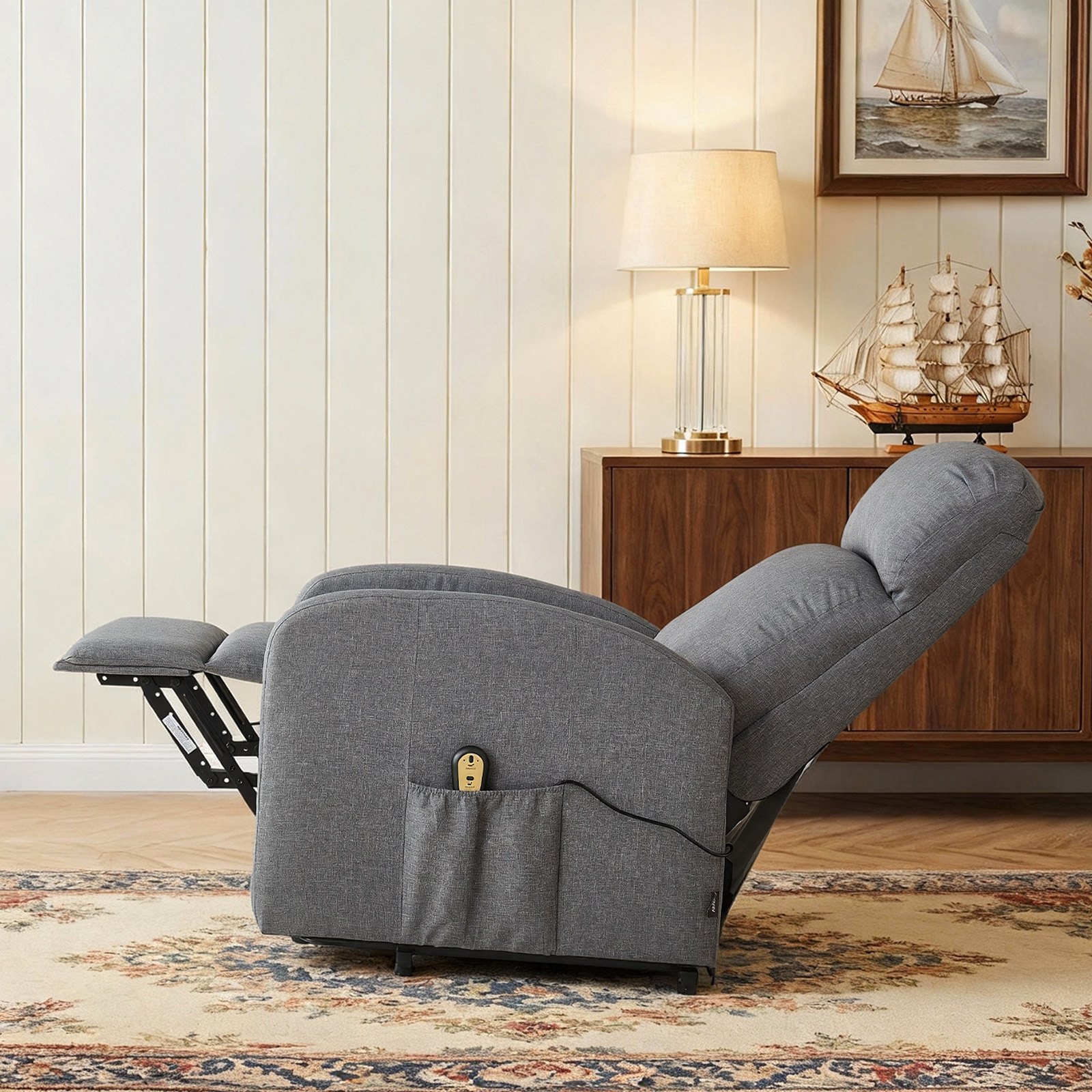 VEVOR elektrische tv-fauteuil met relaxfunctie, traploze verstelling, seniorenfauteuil met linnen bekleding, hoogwaardig schuim, zijvakken, afstandsbediening, massagefunctie, lichtgrijs