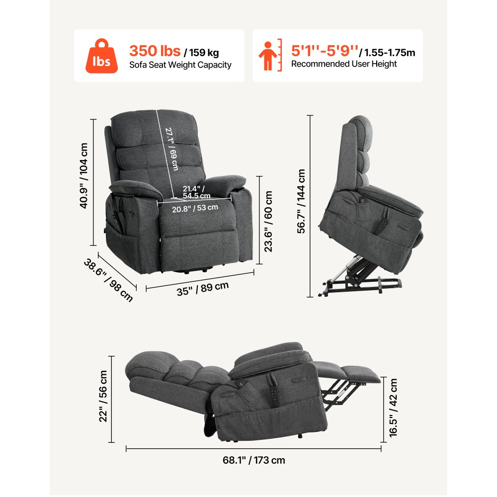VEVOR elektrische tv-relaxfauteuil, relaxfauteuil met liftfunctie, verwarming en massagefunctie, traploos verstelbare stoel voor senioren, massagestoel met chenille bekleding en afstandsbediening, donkergrijs