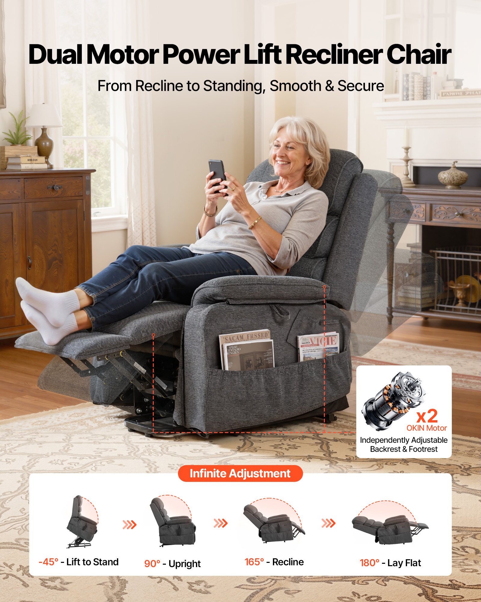 VEVOR elektrische tv-relaxfauteuil, relaxfauteuil met liftfunctie, verwarming en massagefunctie, traploos verstelbare stoel voor senioren, massagestoel met chenille bekleding en afstandsbediening, donkergrijs