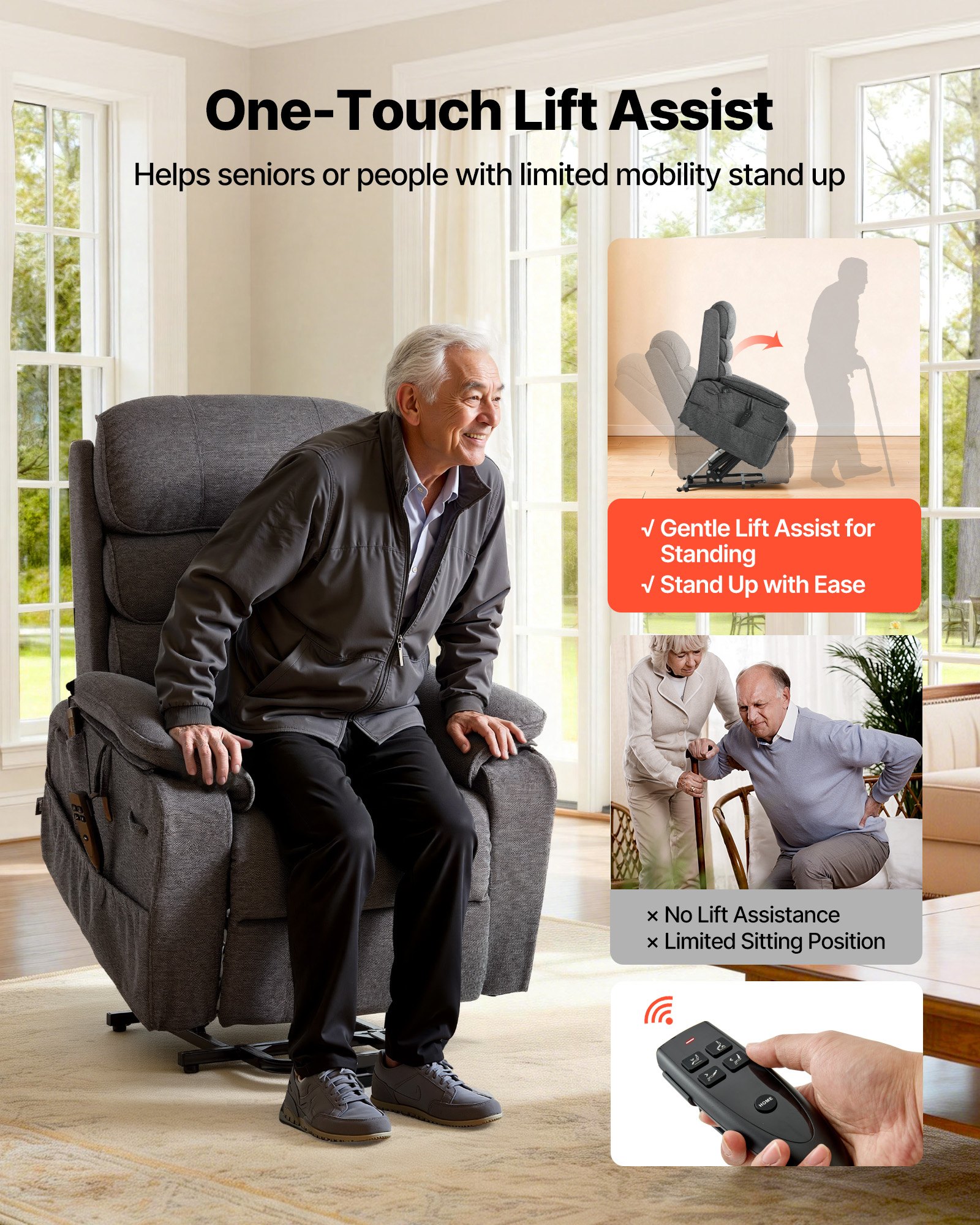 VEVOR elektrische tv-relaxfauteuil, relaxfauteuil met liftfunctie, verwarming en massagefunctie, traploos verstelbare stoel voor senioren, massagestoel met chenille bekleding en afstandsbediening, donkergrijs