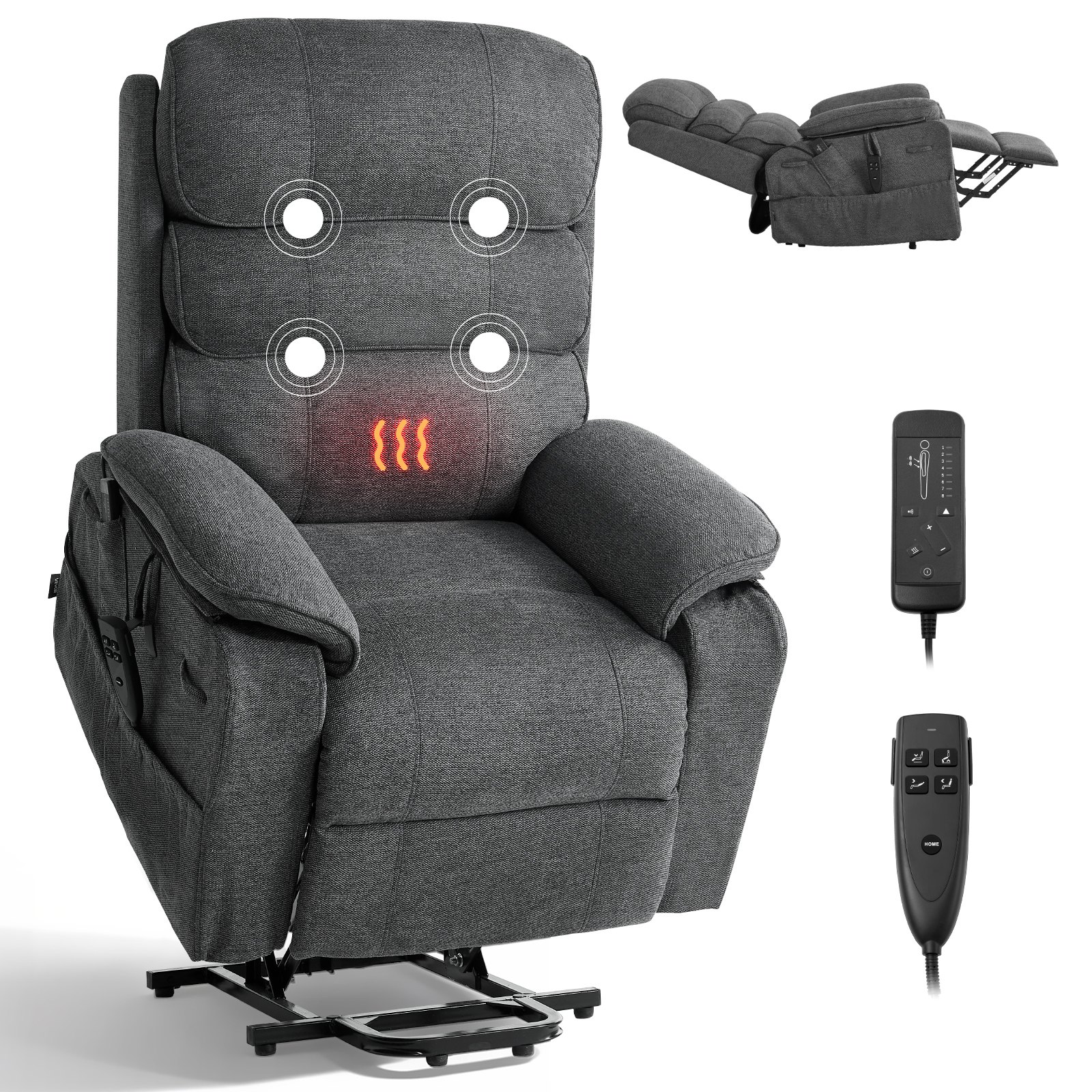 VEVOR elektrische tv-relaxfauteuil, relaxfauteuil met liftfunctie, verwarming en massagefunctie, traploos verstelbare stoel voor senioren, massagestoel met chenille bekleding en afstandsbediening, donkergrijs