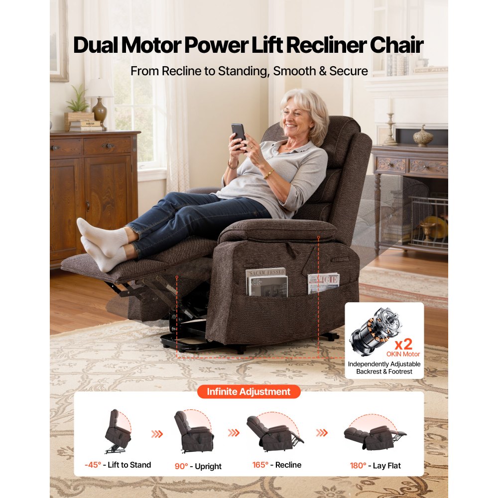 VEVOR elektrische tv-fauteuil, relaxfauteuil met liftfunctie, verwarming en massagefunctie, traploos verstelbare stoel voor senioren, massagestoel met chenille bekleding en afstandsbediening, bruin