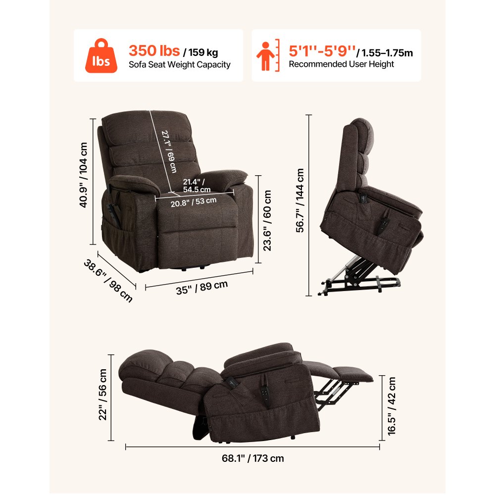 VEVOR elektrische tv-fauteuil, relaxfauteuil met liftfunctie, verwarming en massagefunctie, traploos verstelbare stoel voor senioren, massagestoel met chenille bekleding en afstandsbediening, bruin