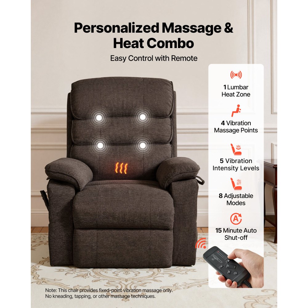 VEVOR elektrische tv-fauteuil, relaxfauteuil met liftfunctie, verwarming en massagefunctie, traploos verstelbare stoel voor senioren, massagestoel met chenille bekleding en afstandsbediening, bruin