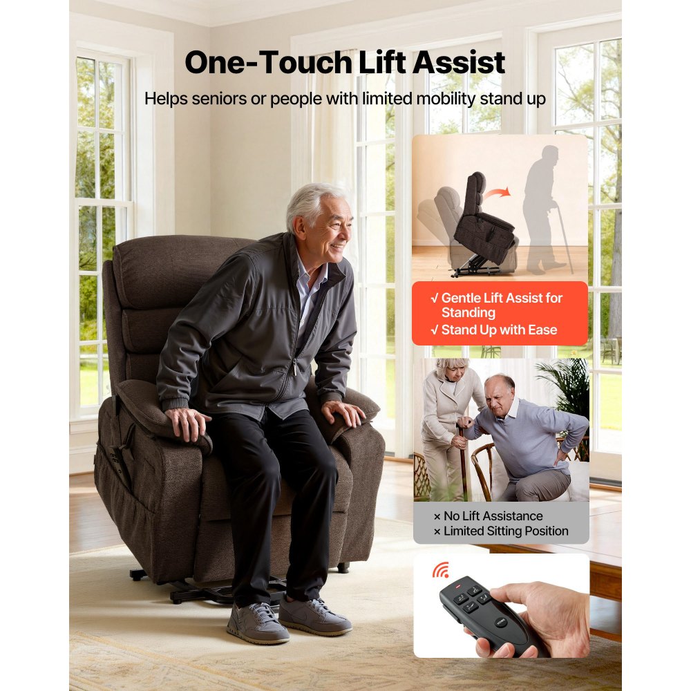 VEVOR elektrische tv-fauteuil, relaxfauteuil met liftfunctie, verwarming en massagefunctie, traploos verstelbare stoel voor senioren, massagestoel met chenille bekleding en afstandsbediening, bruin