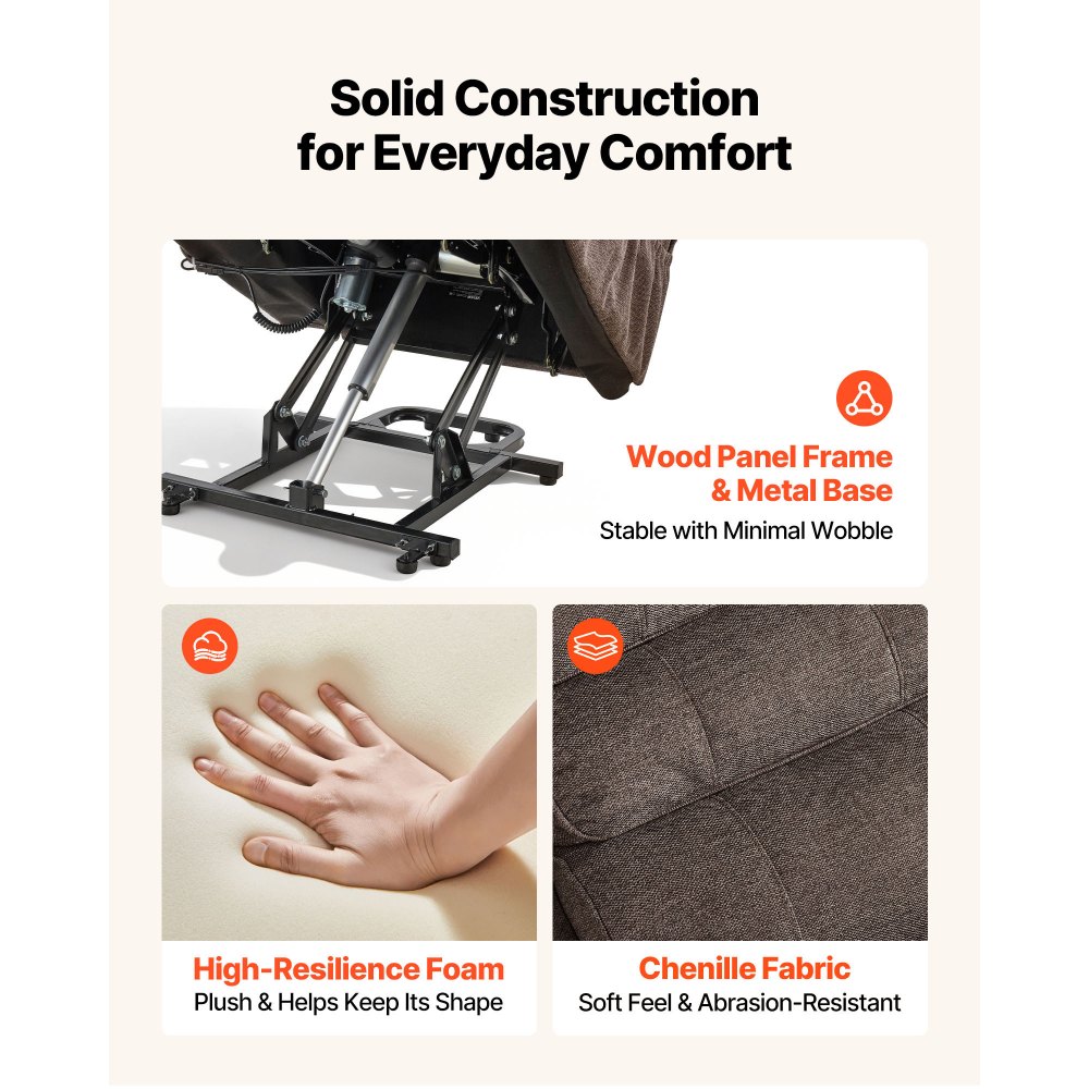 VEVOR elektrische tv-fauteuil, relaxfauteuil met liftfunctie, verwarming en massagefunctie, traploos verstelbare stoel voor senioren, massagestoel met chenille bekleding en afstandsbediening, bruin