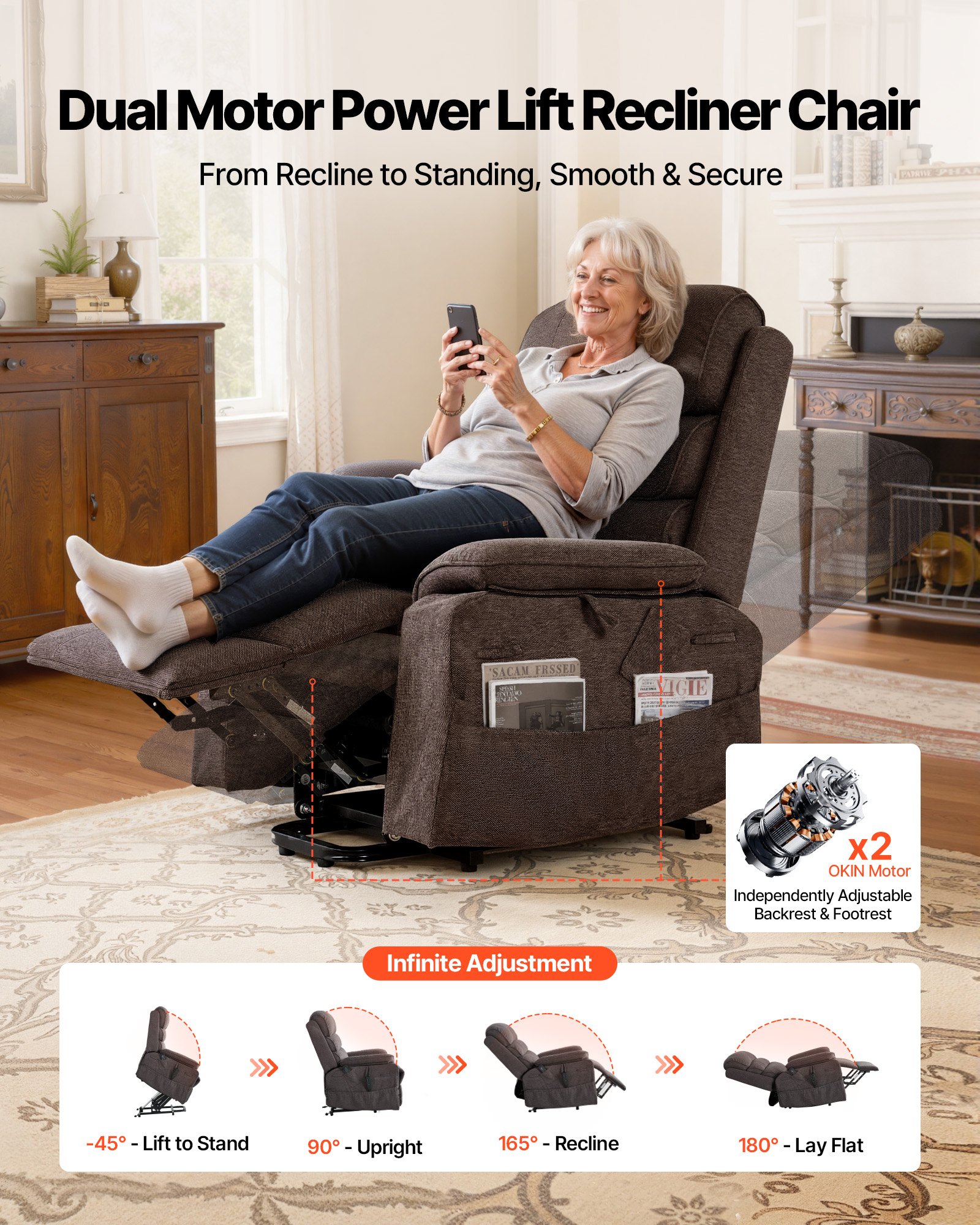 VEVOR elektrische tv-fauteuil, relaxfauteuil met liftfunctie, verwarming en massagefunctie, traploos verstelbare stoel voor senioren, massagestoel met chenille bekleding en afstandsbediening, bruin