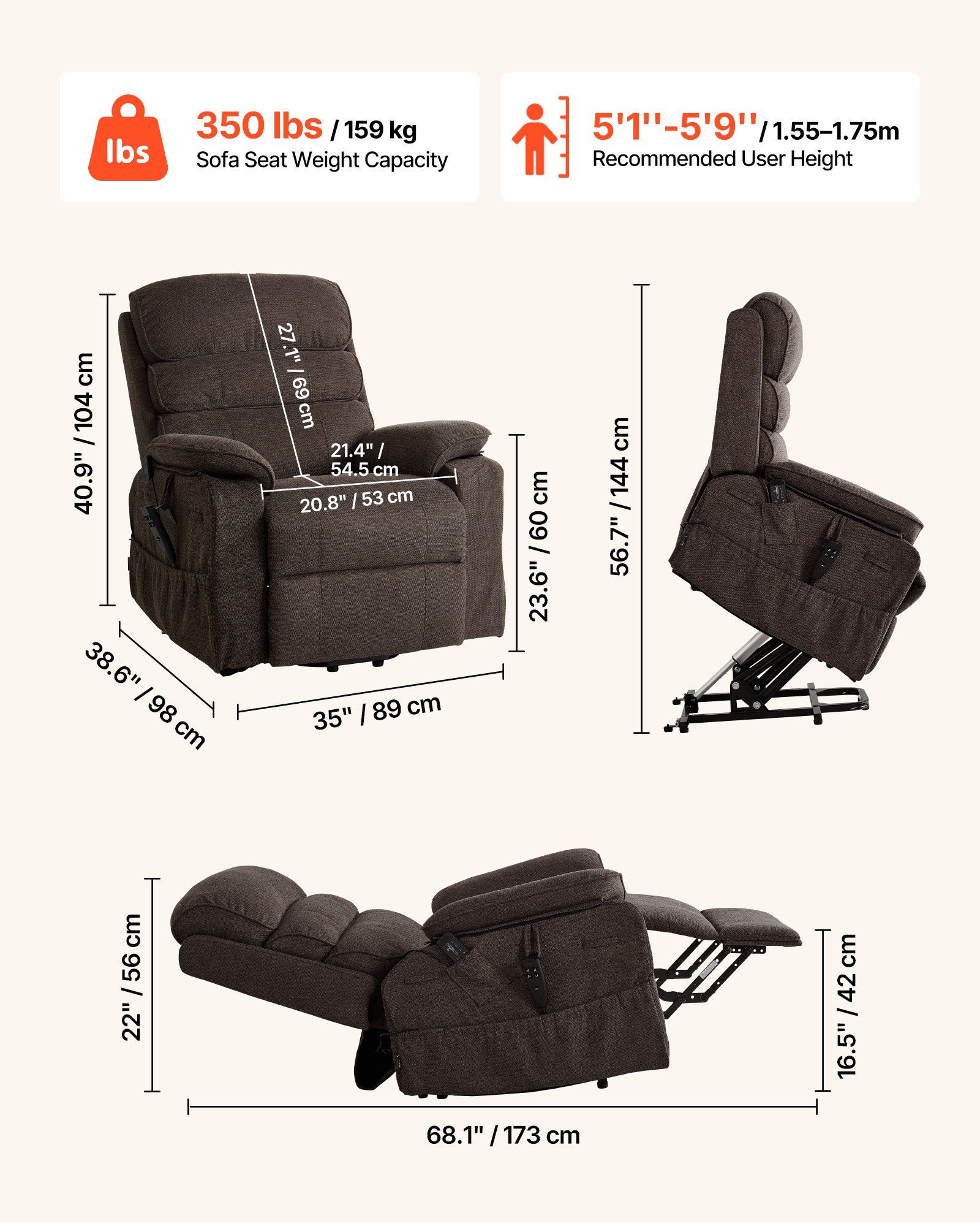 VEVOR elektrische tv-fauteuil, relaxfauteuil met liftfunctie, verwarming en massagefunctie, traploos verstelbare stoel voor senioren, massagestoel met chenille bekleding en afstandsbediening, bruin