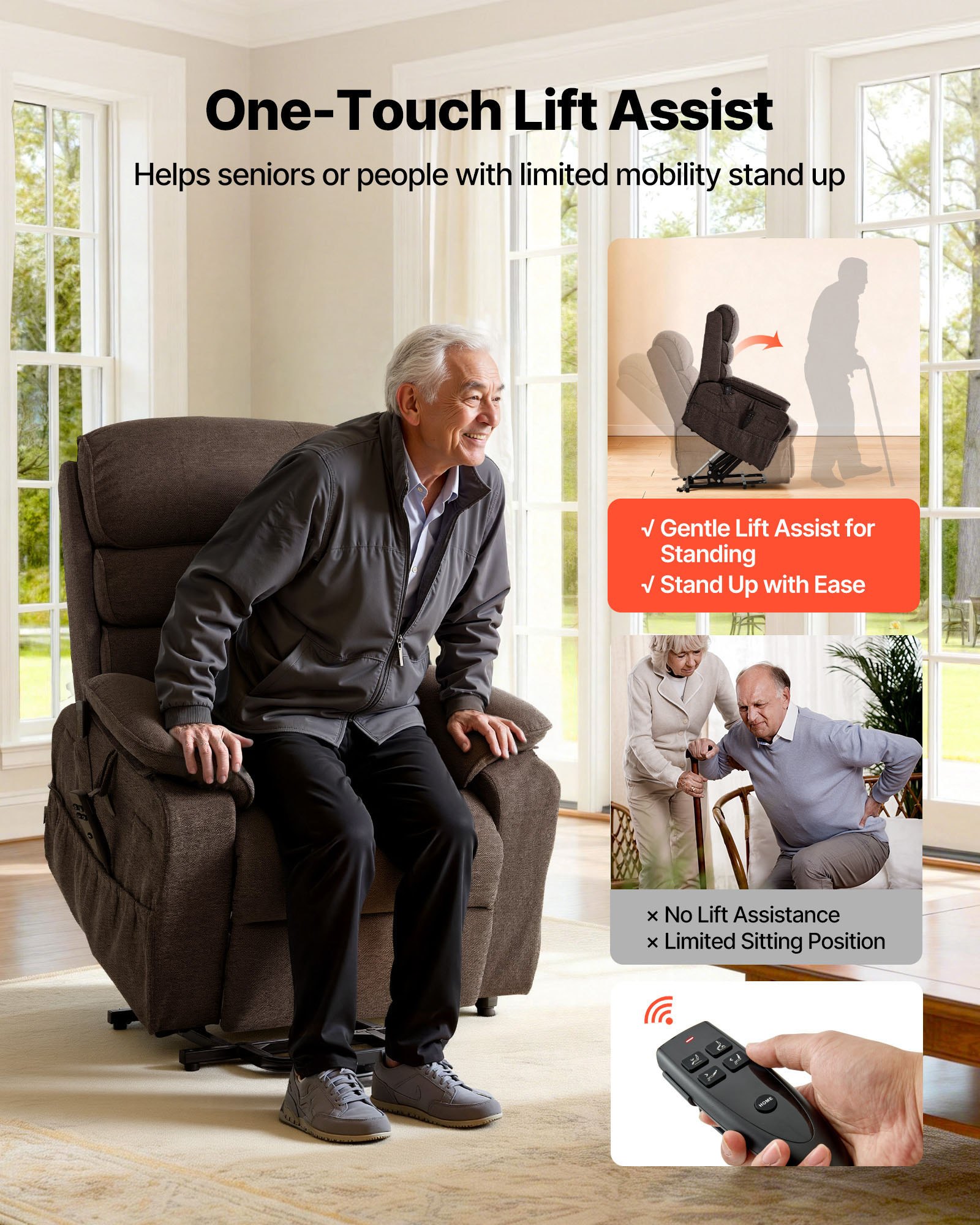 VEVOR elektrische tv-fauteuil, relaxfauteuil met liftfunctie, verwarming en massagefunctie, traploos verstelbare stoel voor senioren, massagestoel met chenille bekleding en afstandsbediening, bruin