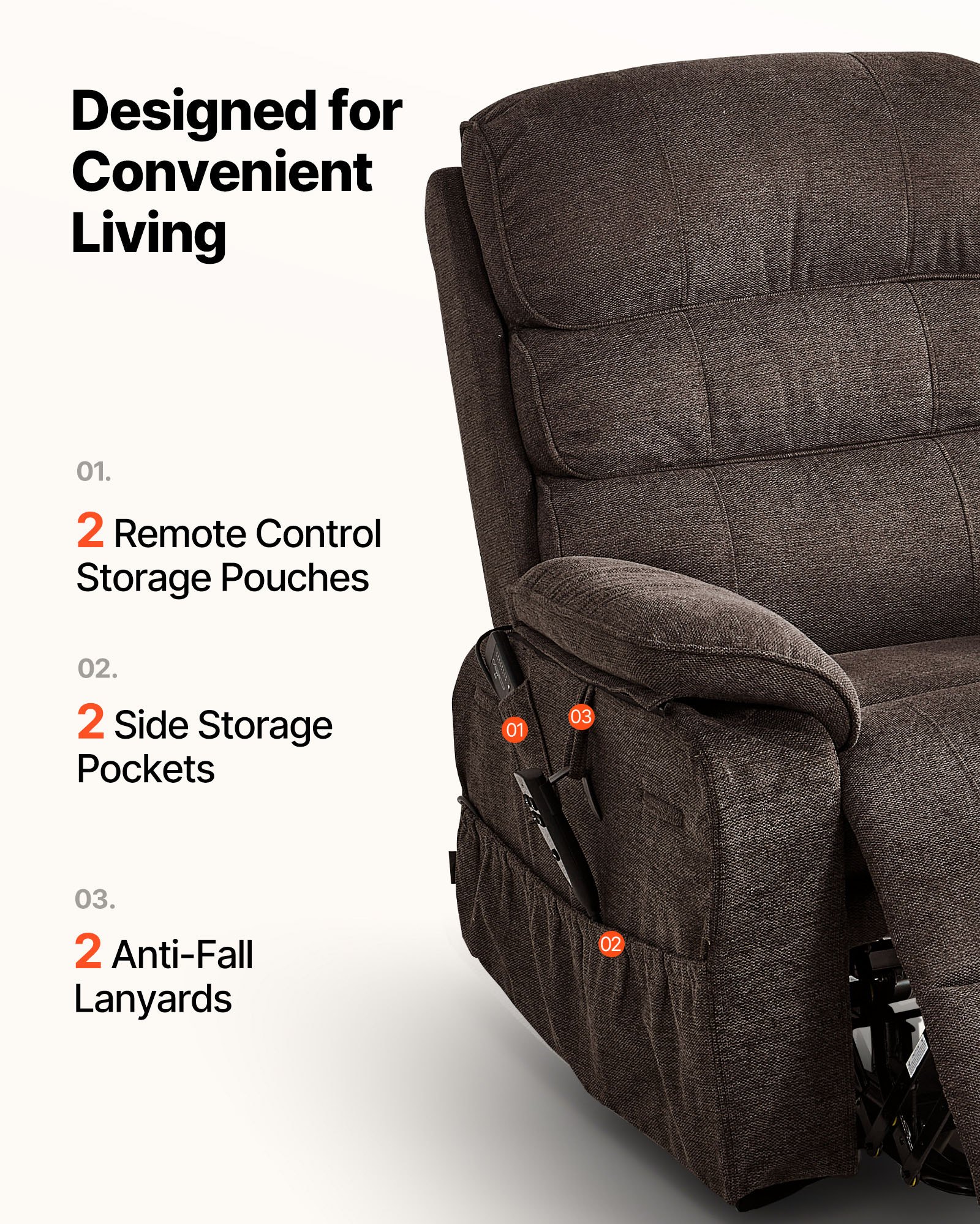 VEVOR elektrische tv-fauteuil, relaxfauteuil met liftfunctie, verwarming en massagefunctie, traploos verstelbare stoel voor senioren, massagestoel met chenille bekleding en afstandsbediening, bruin