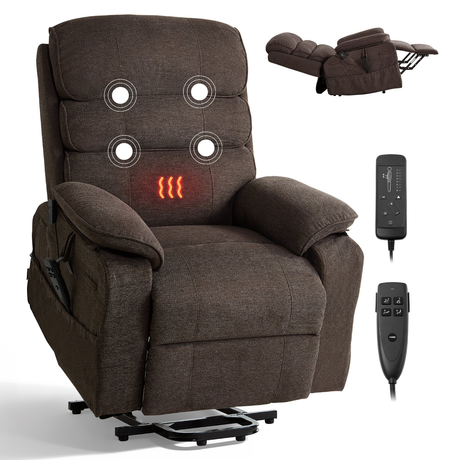 VEVOR elektrische tv-fauteuil, relaxfauteuil met liftfunctie, verwarming en massagefunctie, traploos verstelbare stoel voor senioren, massagestoel met chenille bekleding en afstandsbediening, bruin