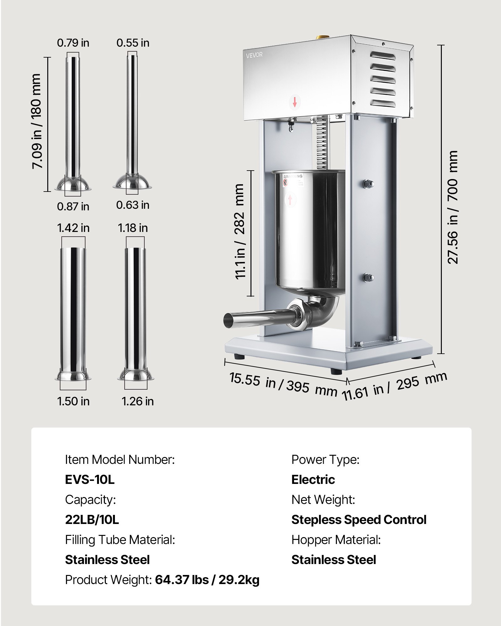 VEVOR elektrische worstvuller 10 liter, verticale worstvulmachine met traploze snelheidsregeling, pedaal en 4 vulbuizen, roestvrijstalen vleesvuller voor commercieel en particulier gebruik