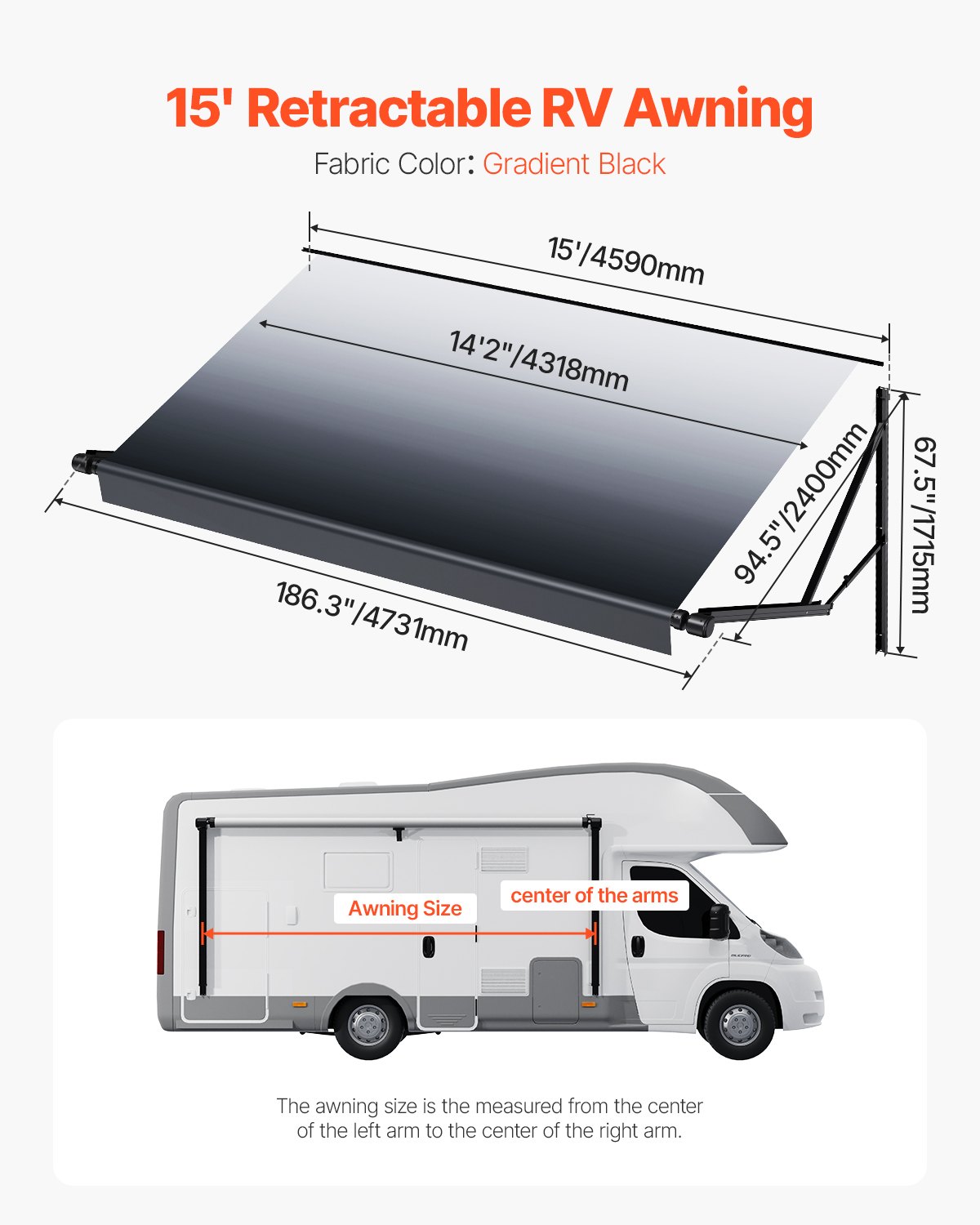 VEVOR Motorized RV Awning Complete Kit, 15' Retractable Awning with Aluminum Alloy Frame, Outdoor Trailer Awning, Fit for Most RVs(Black Fade)
