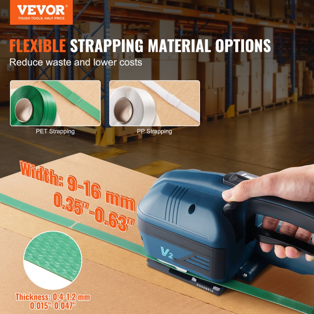 VEVOR Electric Strapping Machine, for 0.35"-0.63" PP PET Straps, Portable Electric Banding Tool with Digital Display, 2 x 4000mAh Battery Powered Automatic Strapping Tool for Packaging Box Pallet