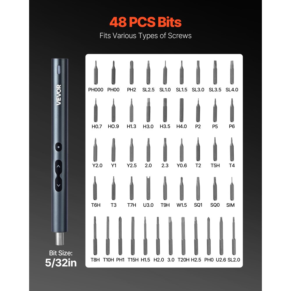 VEVOR Electric Precision Screwdriver Set, 48 Magnetic Bits, Mini Electric Screwdriver with Magnetic Storage Box, S2 Steel Bits, LED Light, Type-C Charging, for Phone, Laptop, and Electronics Repair