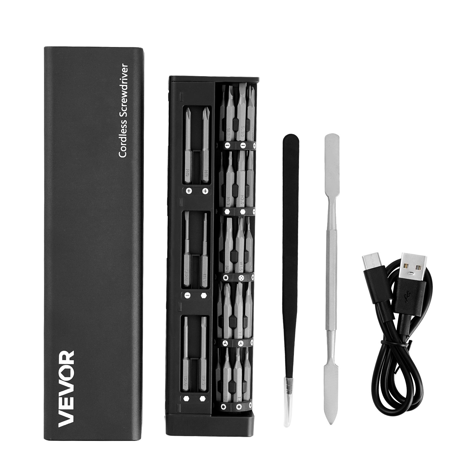 VEVOR Elektrische precisieschroevendraaier (52 magnetische bits) Mini elektrische schroevendraaier met magnetische opbergdoos, led-lampje en type-C-oplaadfunctie, voor het repareren van mobiele telefoons en laptops
