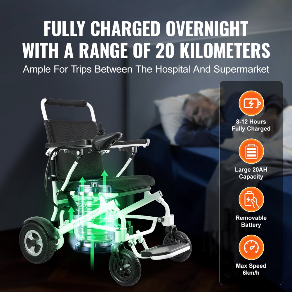VEVOR elektrische rolstoel voor volwassenen en senioren, capaciteit 136 kg, breedte 508 mm, lichtgewicht opvouwbare gemotoriseerde elektrische rolstoel, lange reikwijdte, all-terrain stoel gemaakt van aluminiumlegering