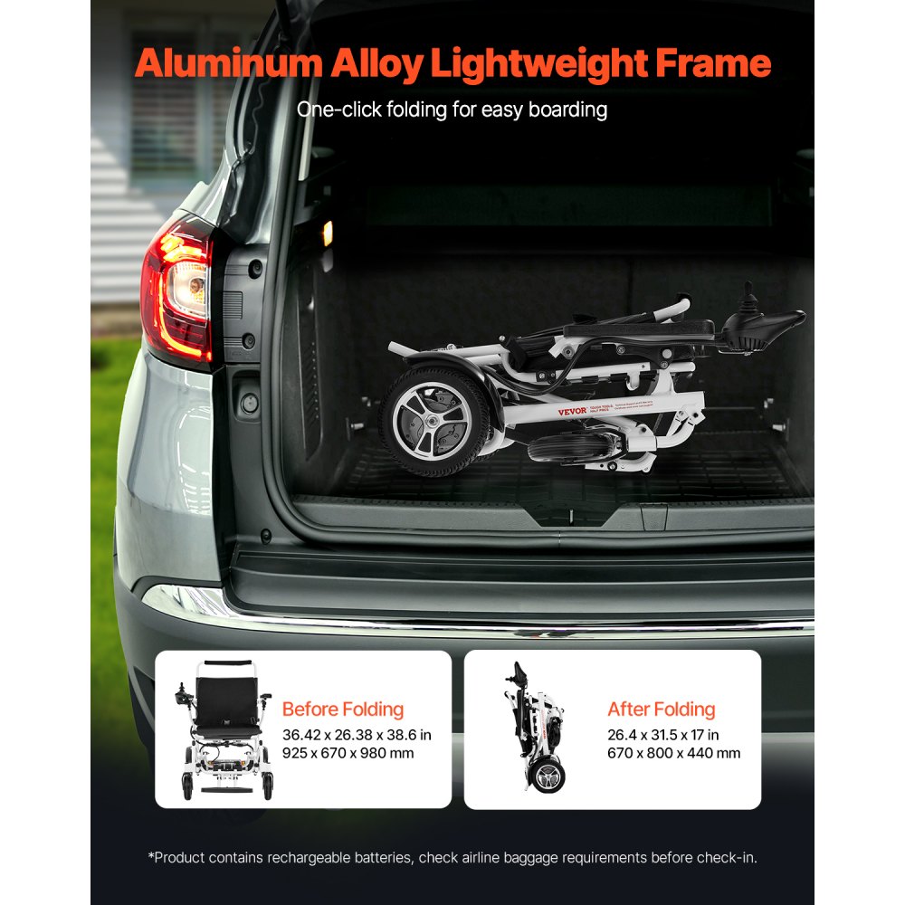 VEVOR Elektrische opvouwbare rolstoel, 136 kg, medische scooter, bereik van 21 km, elektrische rolstoel, elektrische rolstoel met draagbare zitting van 53 cm voor senioren en gehandicapten, gemakkelijk te vervoeren