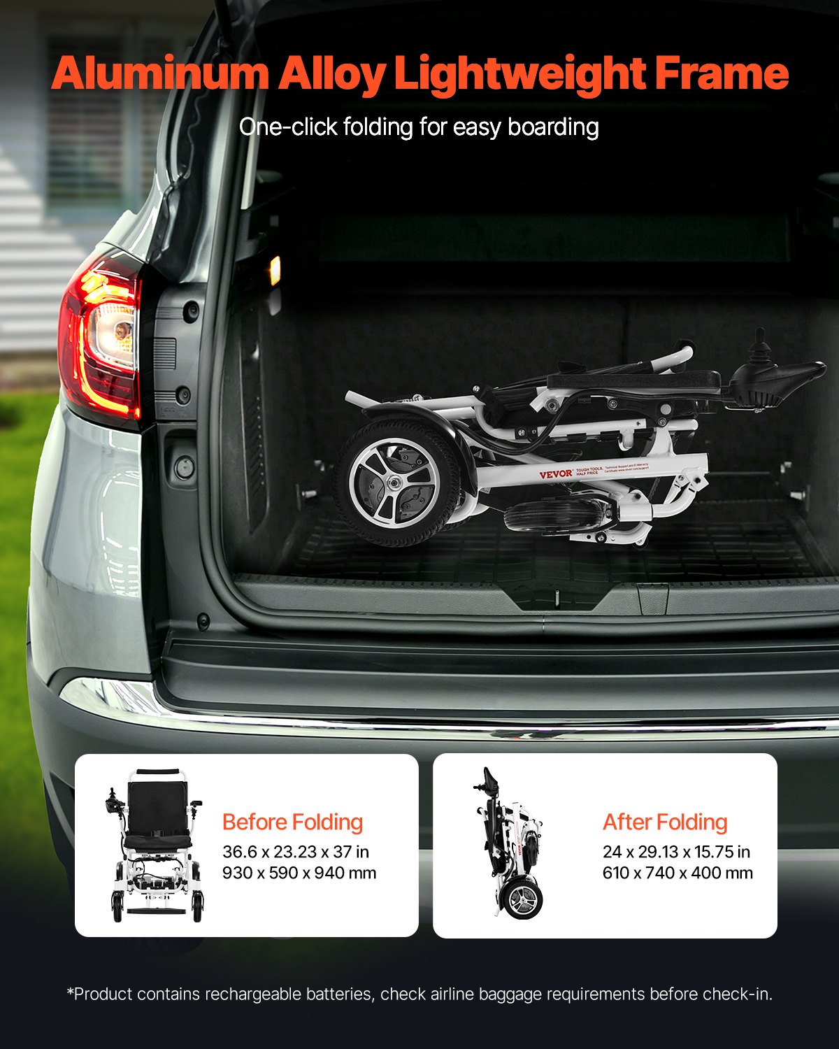 VEVOR elektrische rolstoel voor volwassenen, 136 kg capaciteit, opvouwbare en lichtgewicht gemotoriseerde rolstoel, 21 km bereik, medische scooter, draagbaar voor senioren en gehandicapten, 930 x 590 x 940 mm