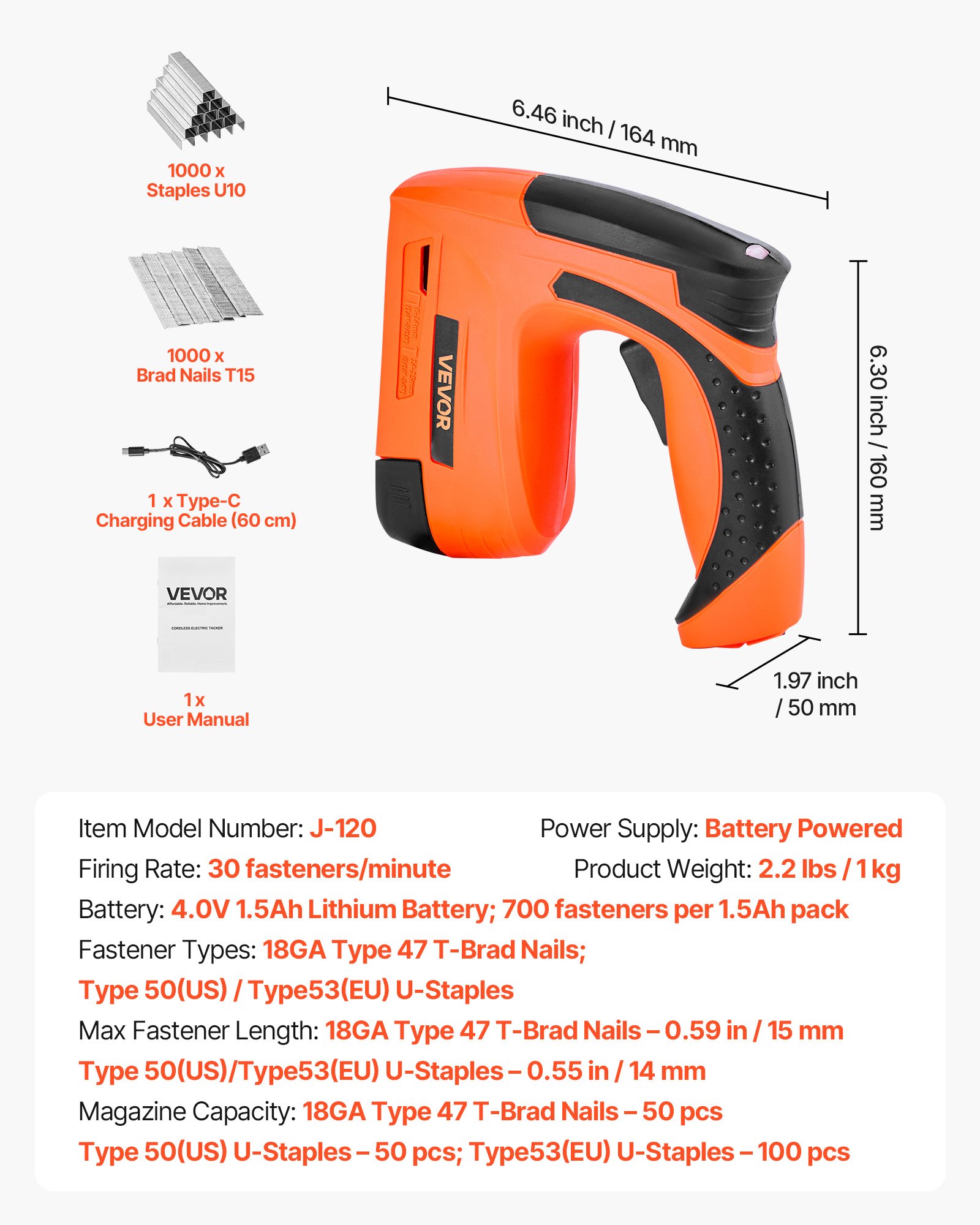 VEVOR Cordless Brad Nailer, 2-in-1 Nail Gun Staple Gun, 18 Gauge 15 mm, Battery Powered, with 1000 Pcs Staples and 1000 Pcs Nails, Non-Slip Rubber Grip, for Woodworking, Carpentry and DIY Projects