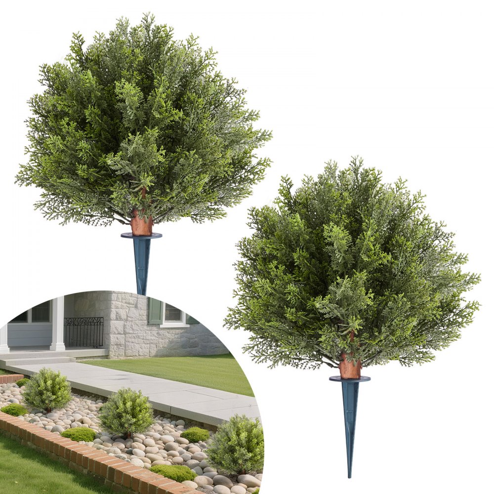 VEVOR Artificial Topiary Cypress Trees with Ground Spike, 2 Set 406mm Faux Shrubs & Bushes Potted Plants, Fake Silk Tree Look Real for Decor Front Porch Outdoor Indoor Patio Garden Balcony Backyard