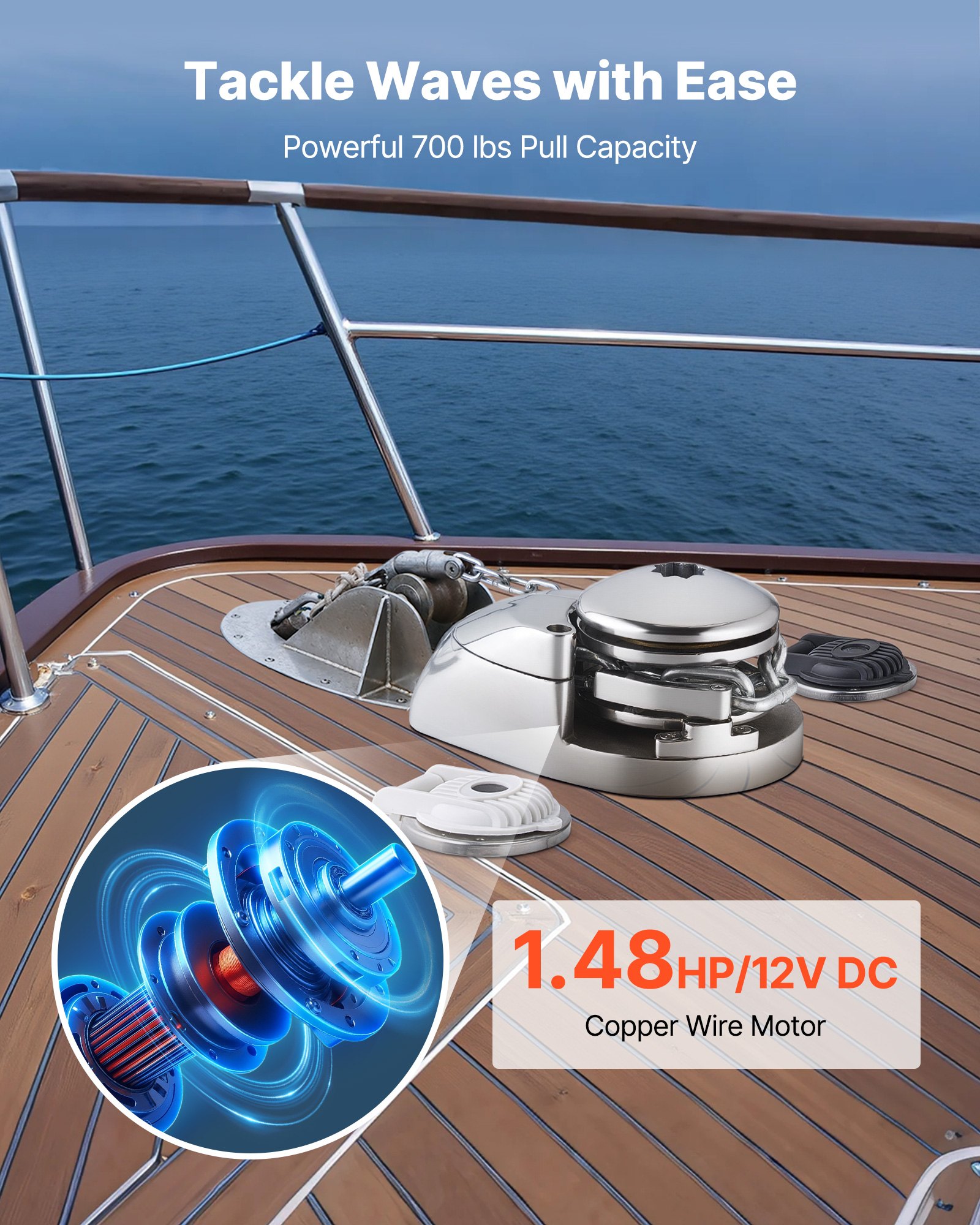 VEVOR Vertical Fishing Windlass, 12V DC 1100W, Windlass Anchor Systems Fit for 6.35 mm Chain or 14.3 & 15.9 mm Nylon Rope, Max Pull 320 kg, 316 Stainless Steel Construction, for Boats 6-11 m