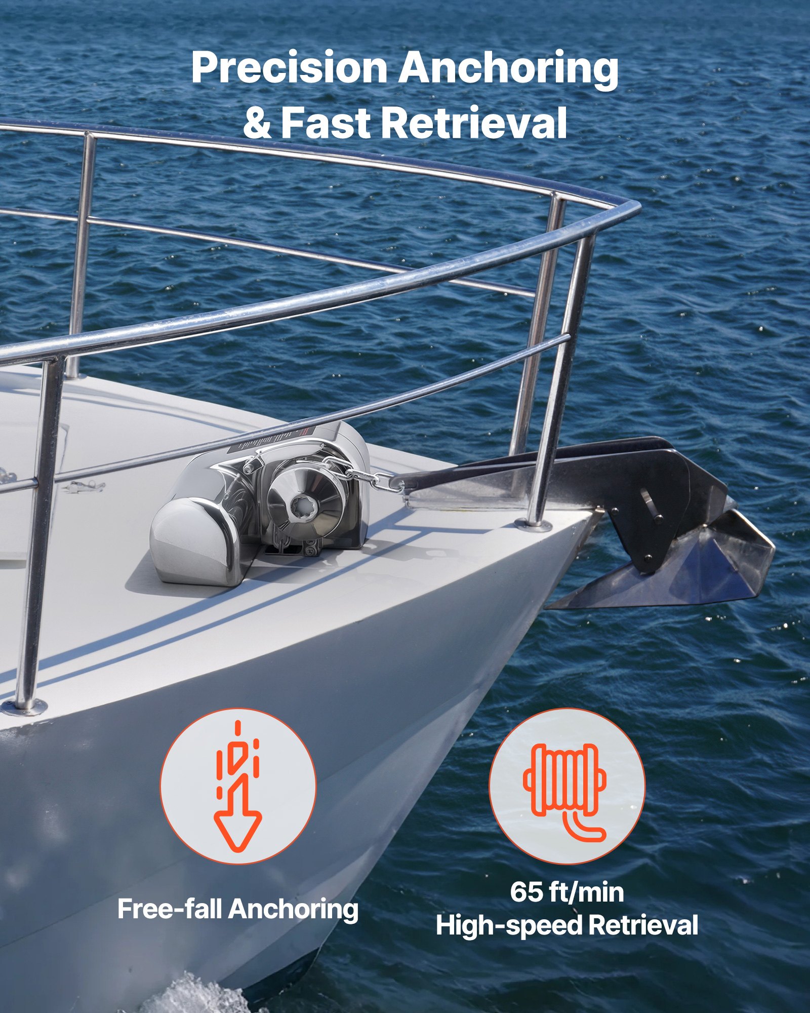 VEVOR Horizontal Fishing Windlass, 12V DC 600W, Windlass Anchor Systems Fit for 6.35 mm Chain or 14.3 & 15.9 mm Nylon Rope, Max Pull 260 kg, 316 Stainless Steel Construction, for Boats 7-9 m