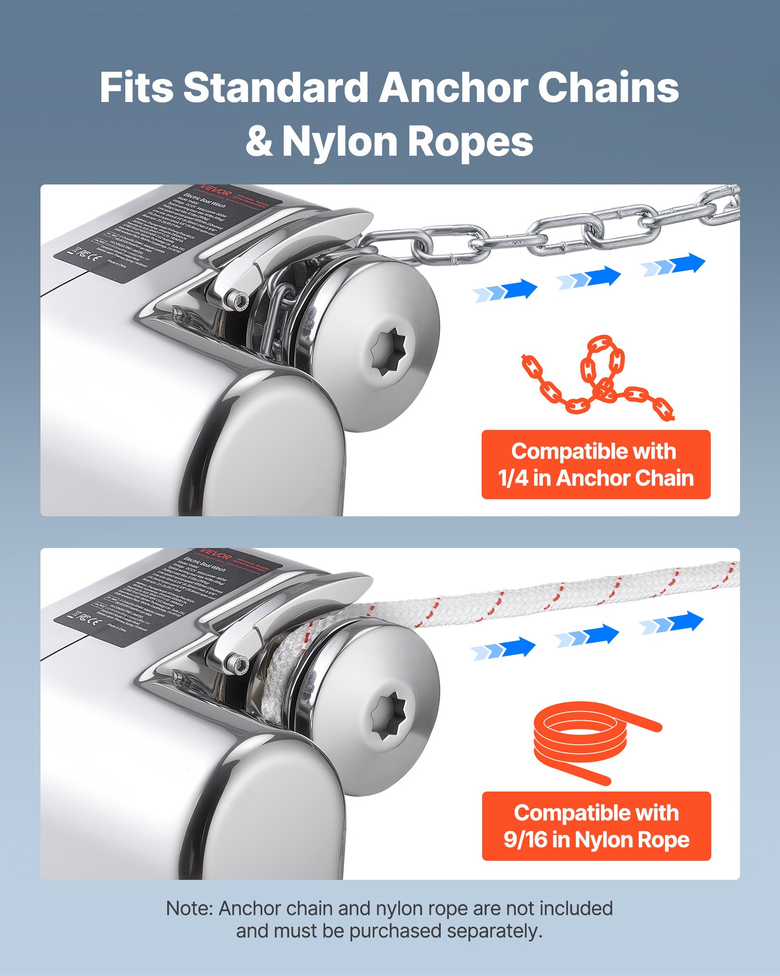 VEVOR Horizontal Fishing Windlass, 12V DC 600W, Windlass Anchor Systems Fit for 6.35 mm Chain or 14.3 & 15.9 mm Nylon Rope, Max Pull 260 kg, 316 Stainless Steel Construction, for Boats 7-9 m