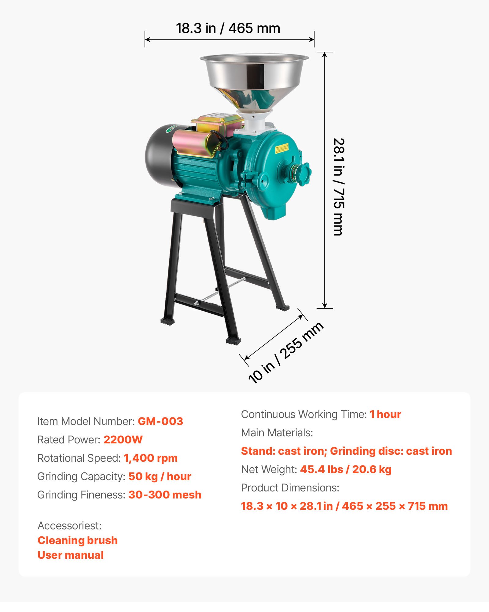VEVOR elektrische graanmolen 50 kg/u, 2200 W gietijzeren graanmolen, specerijenmolen met antislip rubberen voetjes, voor droge granen, specerijen, muesli, koffie, maïs, peper, hoge snelheid