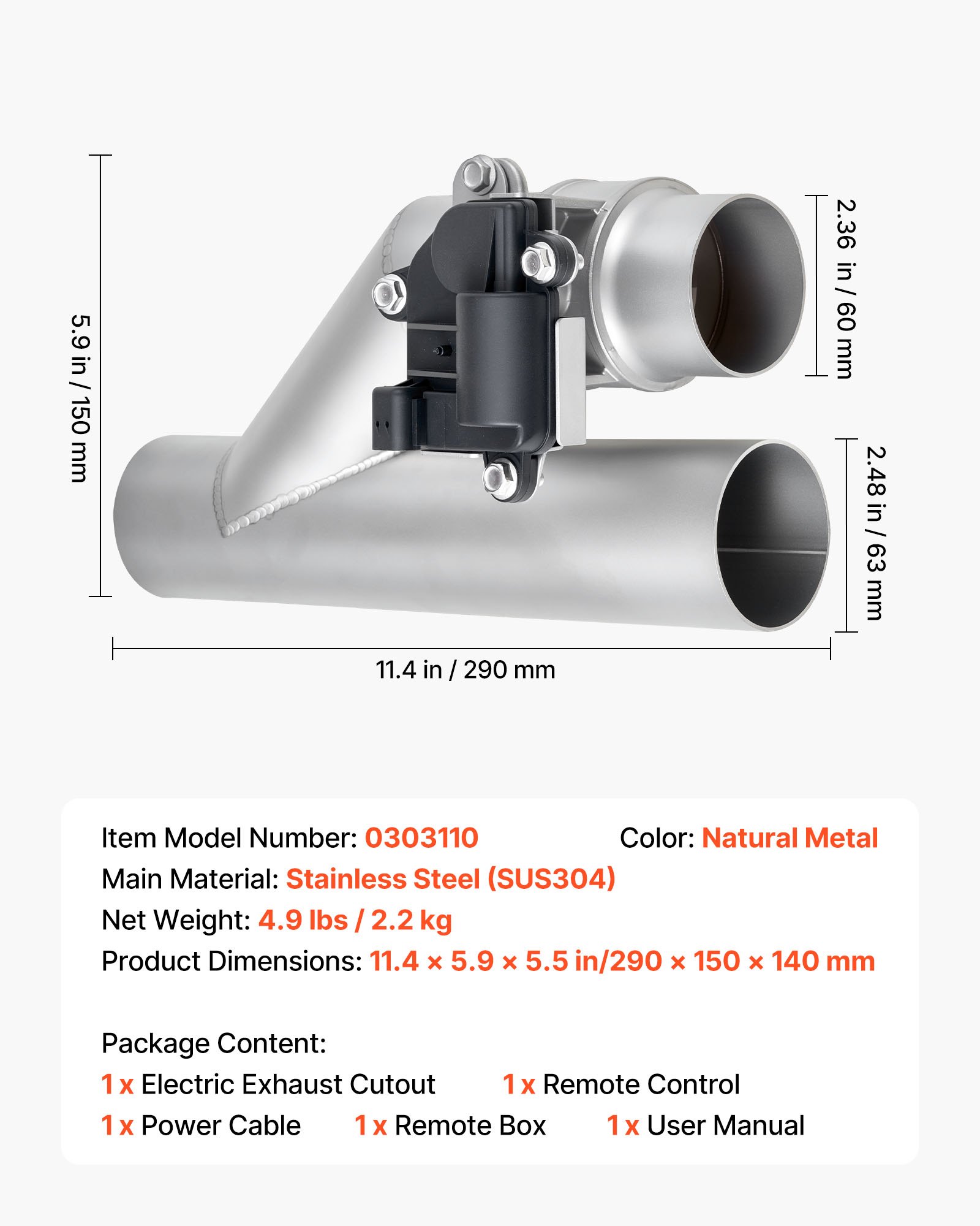 VEVOR Electric Exhaust Cutout, 2.5 Inch Universal Stainless Steel Exhaust Valve Kit with One Controller Remote Kit, Cut Out Valve, Y Pipe, Remote Control & Box, Fits Trucks, Sedans, Sports Cars, SUVs