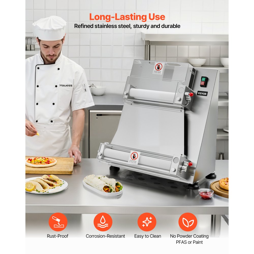 VEVOR elektrische pizzadeegpers, 355,6 mm deegpersplaat, 390 W roestvrijstalen broodpers, commerciële chapati-pers, vormmachine met instelbare dikte en deegpersdeksel, 260 stuks/uur