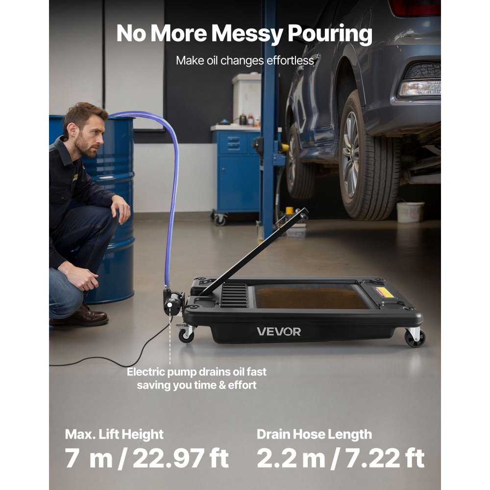 VEVOR Low Profile Olieopvangbak, 64 liter inhoud, olieverversingscontainer met elektrische pomp en 2,2 m slang, geschikt voor auto's, SUV's, vrachtwagens, motoren, terreinwagens, metaal