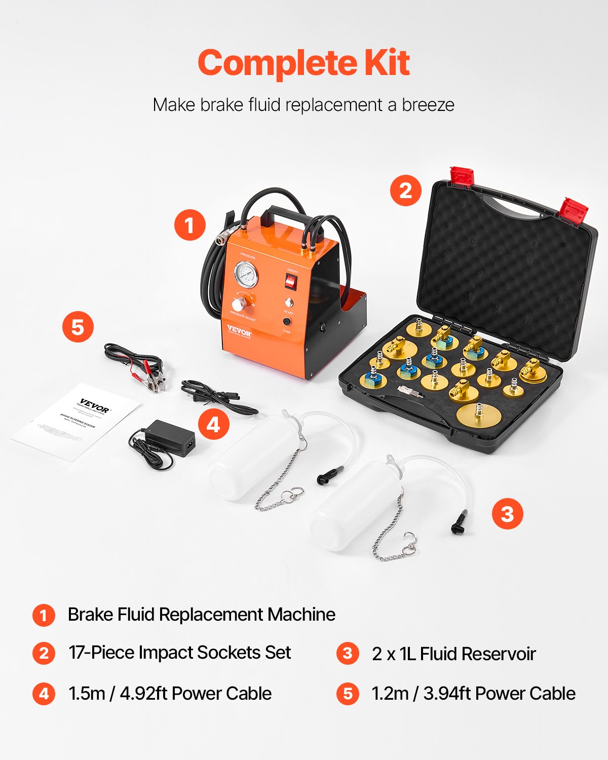 VEVOR Electric Brake Bleeder Kit, Professional 220V Brake Master Cylinder Bleeder Kit with Pressure Gauge & Built-In Air Pump, Versatile Brake Bleeder Adapter Set for Both DC & AC Power