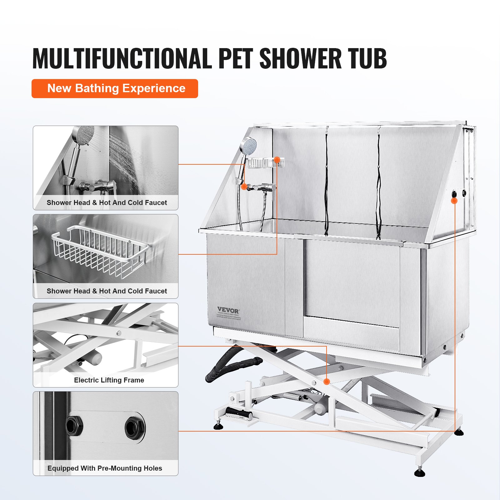 VEVOR 1.27M Pet Dog Bathing Station Electric Height Adjust, Professional Stainless Steel Dog Grooming Tub w/ Soap Box, Faucet,Rich Accessory,Bathtub for Multiple Pets, Washing Sink for Home(Right)