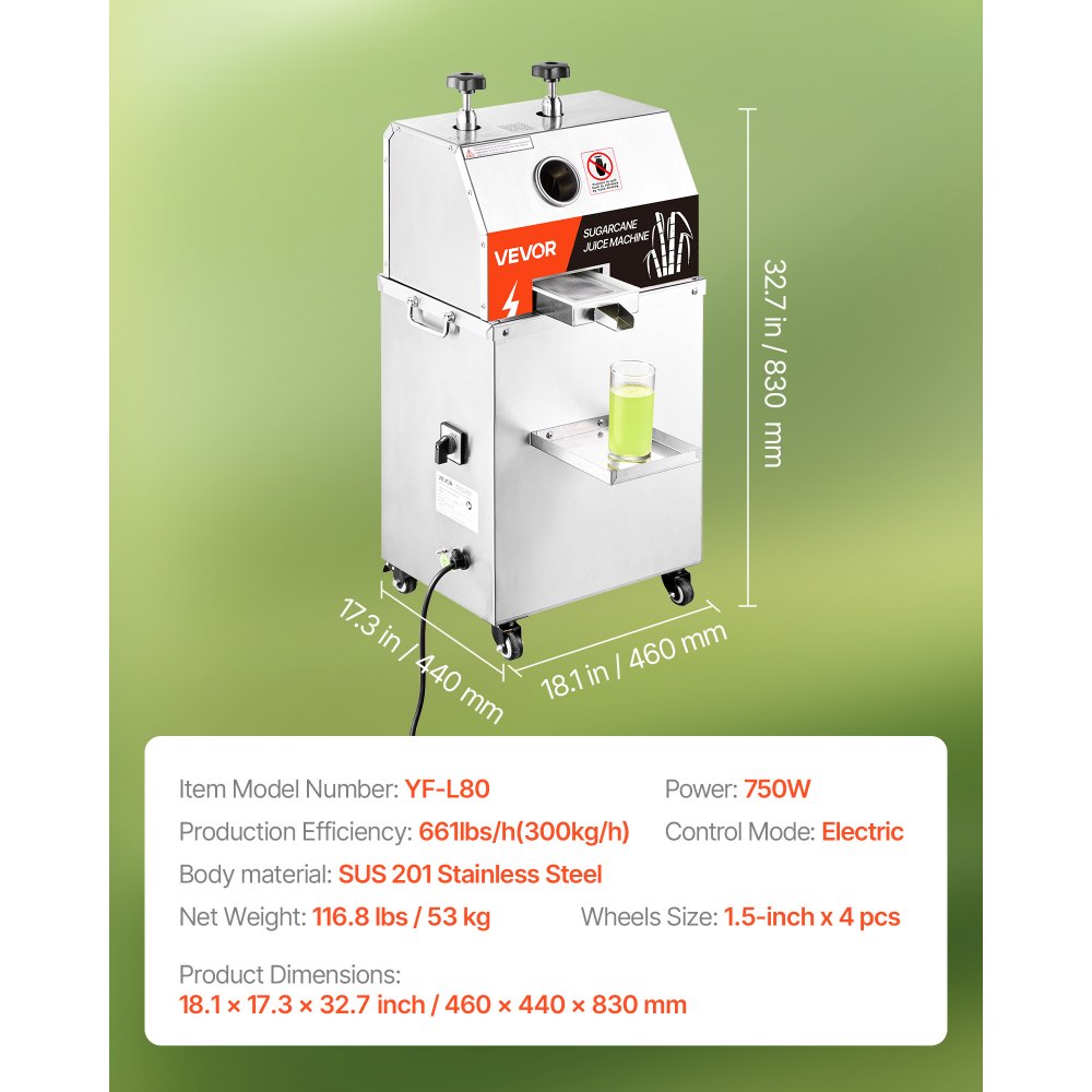 VEVOR Commercial Sugar Cane Juicer, 750W Electric Sugarcane Juicer Machine with 661LBS/H High Output, 3 Stainless Steel Rollers, Sugarcane Juice Press Extractor Squeezer on Wheels for Home/Commercial