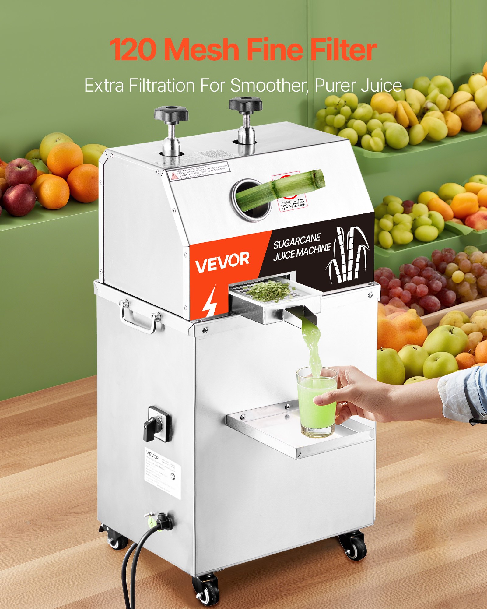 VEVOR Commercial Sugar Cane Juicer, 750W Electric Sugarcane Juicer Machine with 661LBS/H High Output, 3 Stainless Steel Rollers, Sugarcane Juice Press Extractor Squeezer on Wheels for Home/Commercial