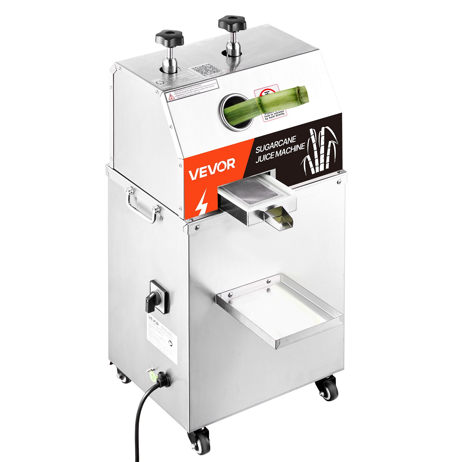 VEVOR Commercial Sugar Cane Juicer, 750W Electric Sugarcane Juicer Machine with 661LBS/H High Output, 3 Stainless Steel Rollers, Sugarcane Juice Press Extractor Squeezer on Wheels for Home/Commercial