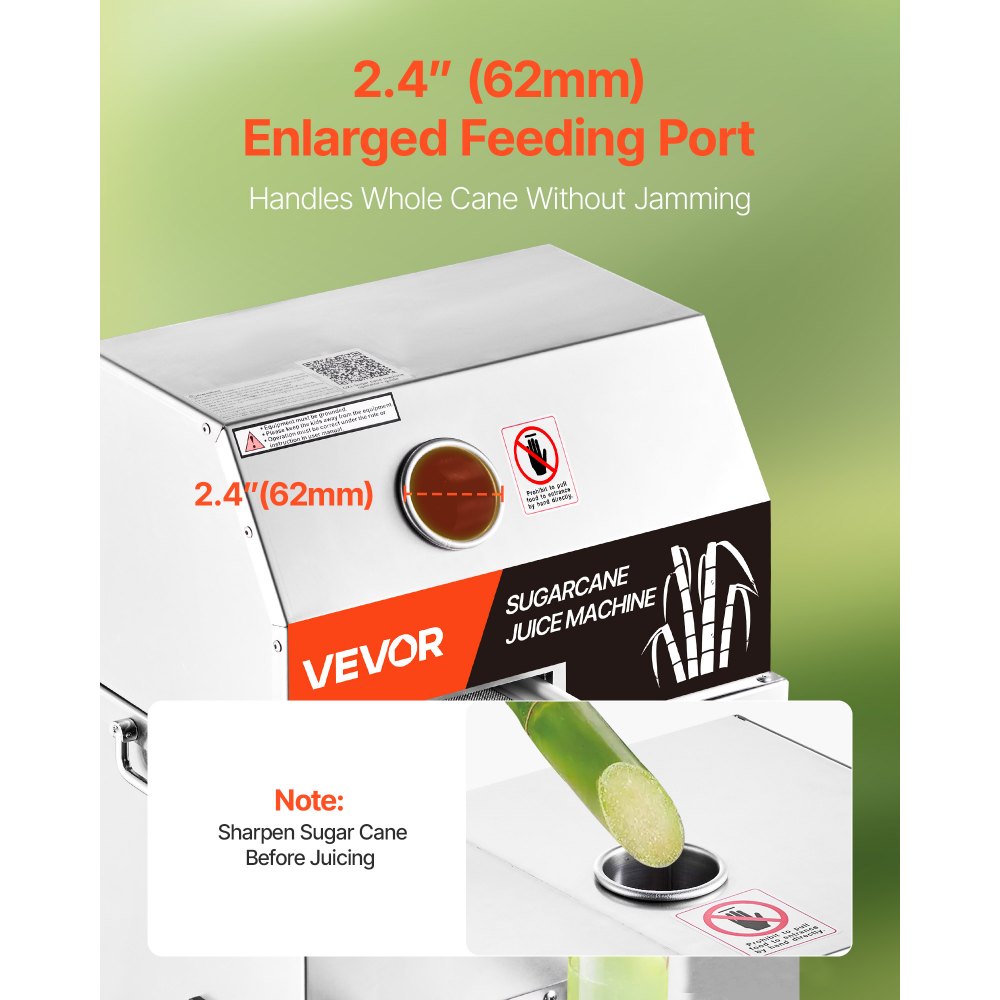 VEVOR Elektrische suikerrietsapcentrifuge, 800W suikerrietsapcentrifuge met 300 kg/u hoge prestaties, 3 roestvrijstalen rollen, 62 mm grote inlaat, inclusief schilmesje Suikerrietsapcentrifuge Rolbaar Commercieel