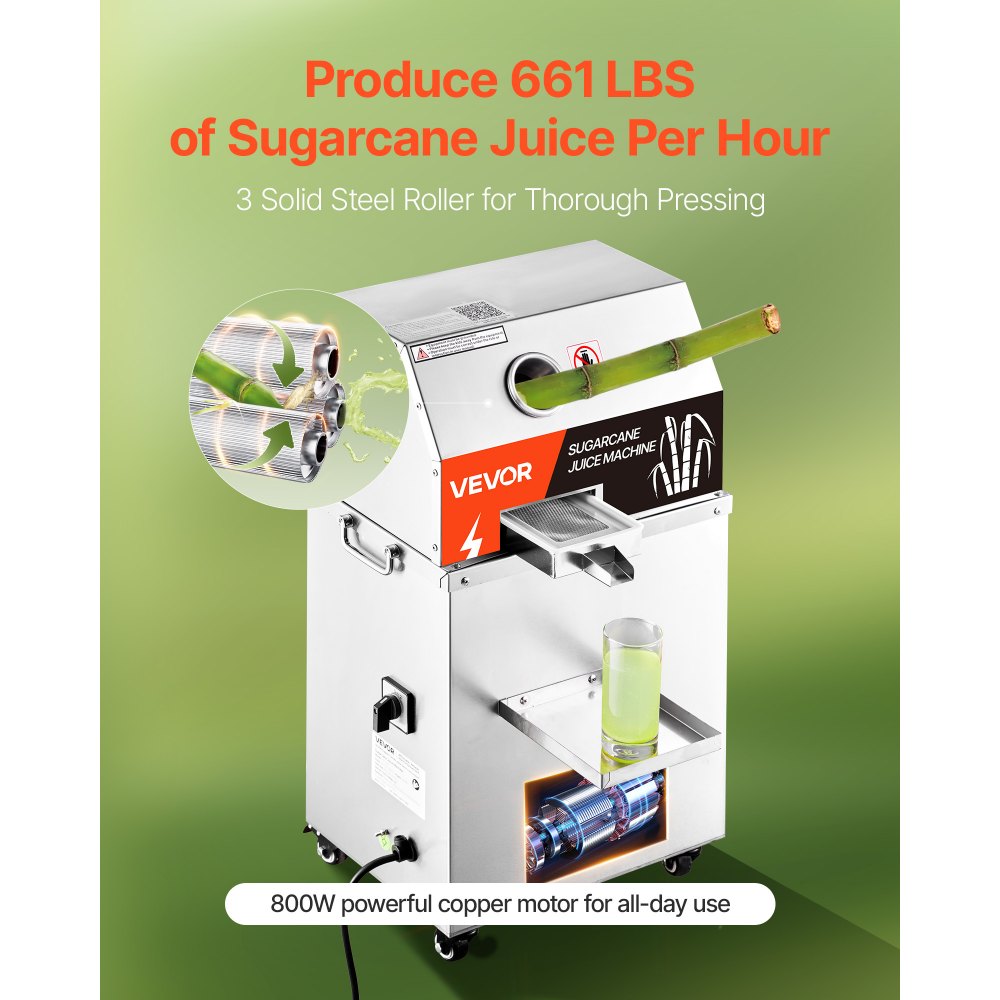 VEVOR Commercial Sugar Cane Juicer, 800W Electric Sugarcane Juicer Machine with 661LBS/H High Output, 3 Stainless Steel Rollers, Sugar Cane Press Juice Extractor Squeezer on Wheels for Home/Commercial