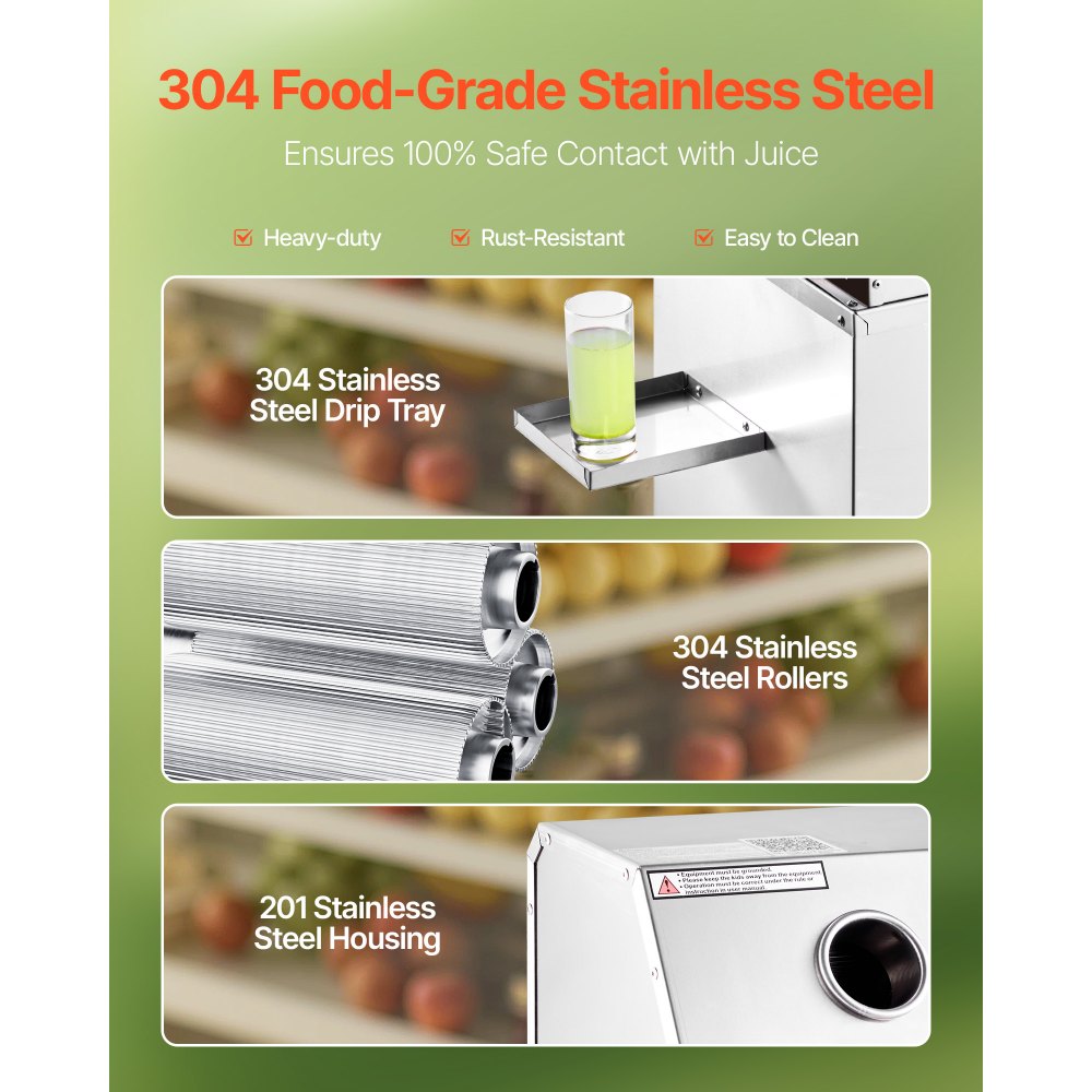 VEVOR Commercial Sugar Cane Juicer, 800W Electric Sugarcane Juicer Machine with 661LBS/H High Output, 3 Stainless Steel Rollers, Sugar Cane Press Juice Extractor Squeezer on Wheels for Home/Commercial