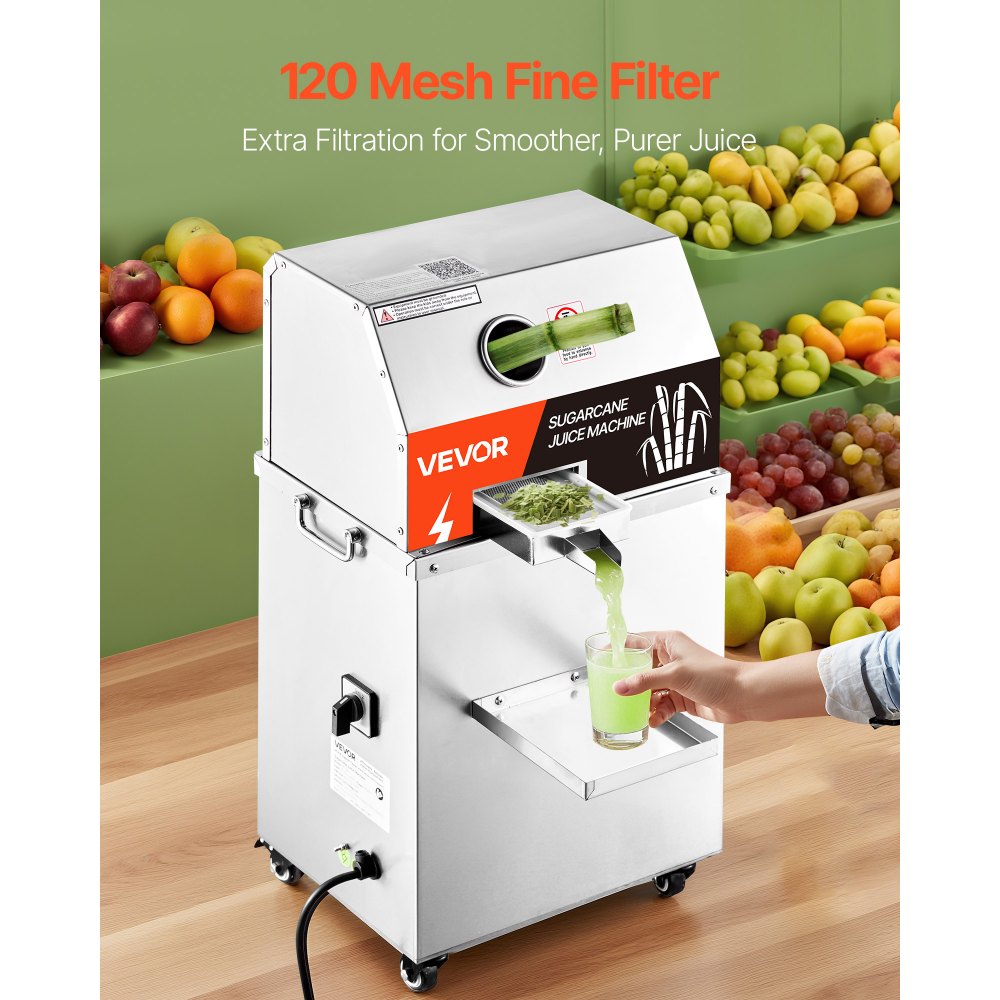 VEVOR Commercial Sugar Cane Juicer, 800W Electric Sugarcane Juicer Machine with 661LBS/H High Output, 3 Stainless Steel Rollers, Sugar Cane Press Juice Extractor Squeezer on Wheels for Home/Commercial