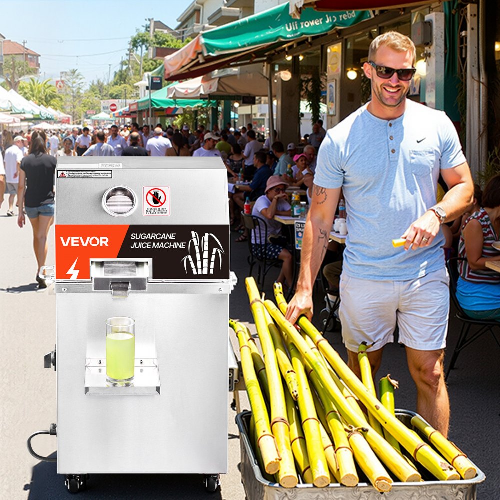 VEVOR Commercial Sugar Cane Juicer, 800W Electric Sugarcane Juicer Machine with 661LBS/H High Output, 3 Stainless Steel Rollers, Sugar Cane Press Juice Extractor Squeezer on Wheels for Home/Commercial