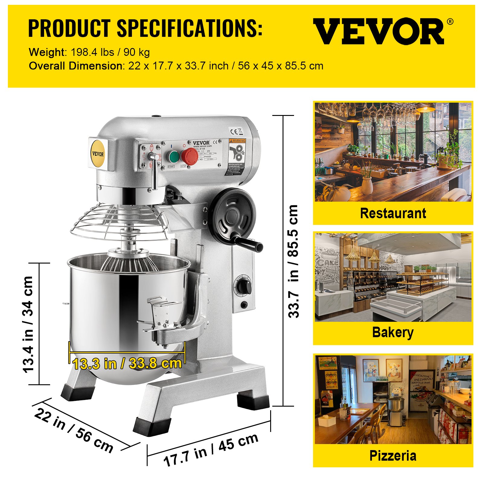 VEVOR Keukenmachine, Commerciële Kneedmachine met 30 Qt RVS Kom, 1500 W Zware Elektrische Keukenrobot 3 Snelheden 108/199/382 RPM, Deeghaak Klopklopper Inbegrepen, Staande Mixer voor Bakkerij Pizzeria