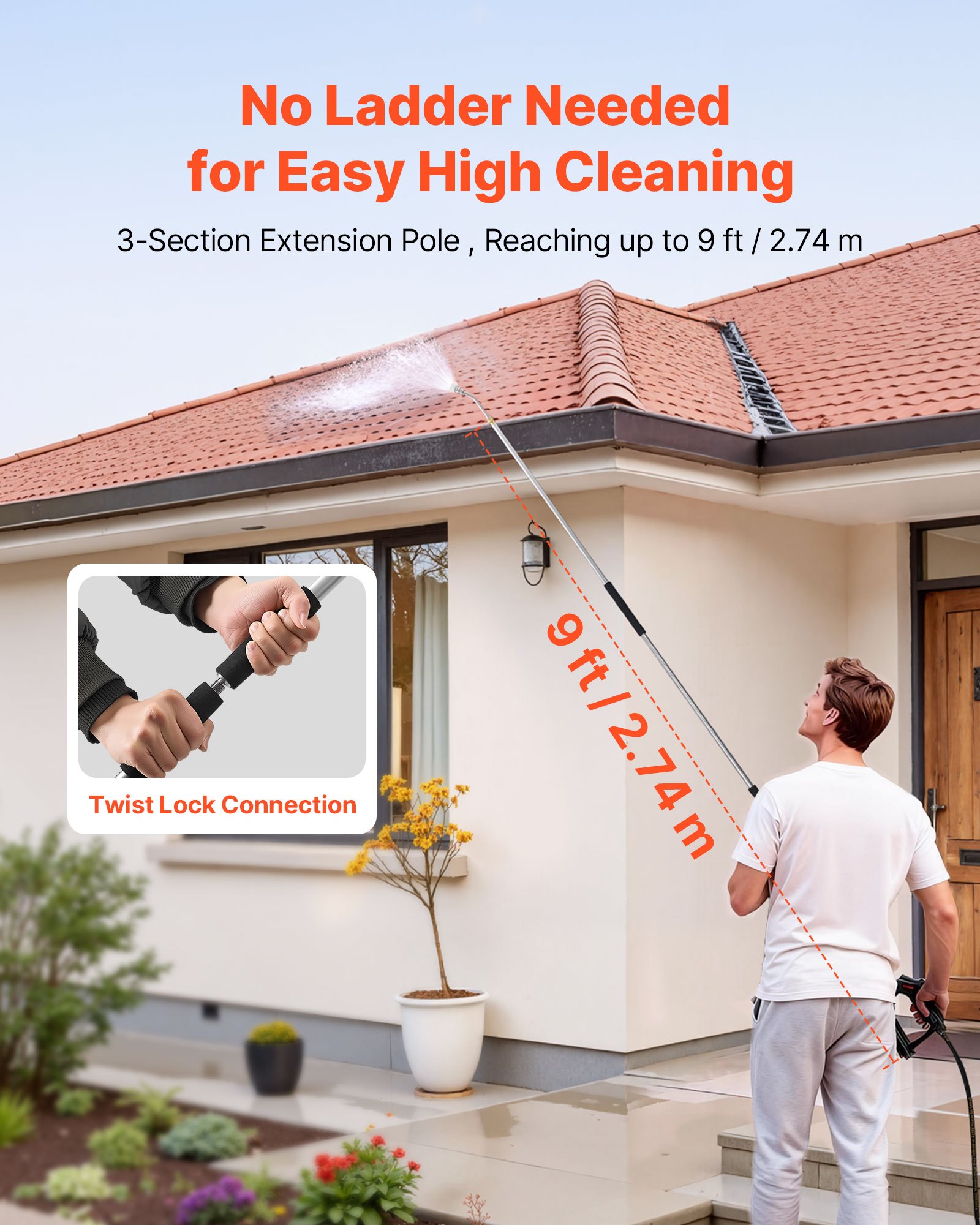 VEVOR 9 FT Pressure Washer Telescoping Wand, 3-Section with Power Washer Extension Wands, 7 Nozzles, Hose Adapter, Support Belt, Storage Bag, 4000 PSI Telescopic Gutter Cleaner for High Cleaning