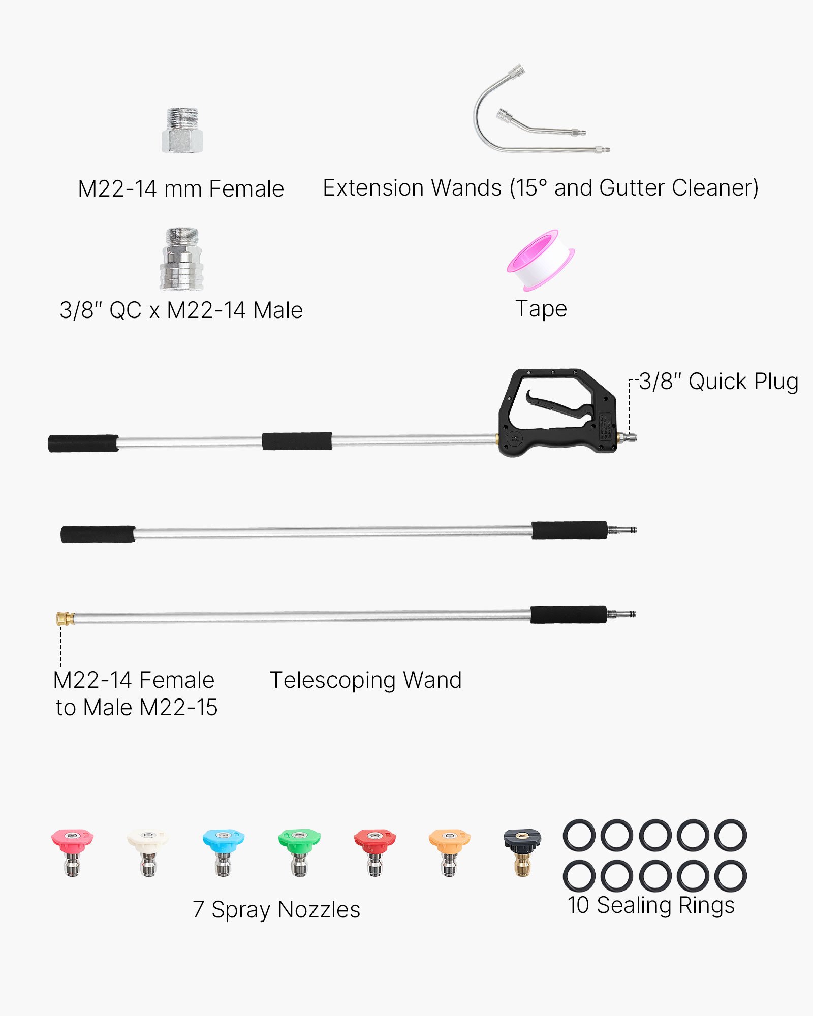 VEVOR 9 FT Pressure Washer Telescoping Wand, 3-Section with Power Washer Extension Wands, 7 Nozzles, Hose Adapter, Support Belt, Storage Bag, 4000 PSI Telescopic Gutter Cleaner for High Cleaning